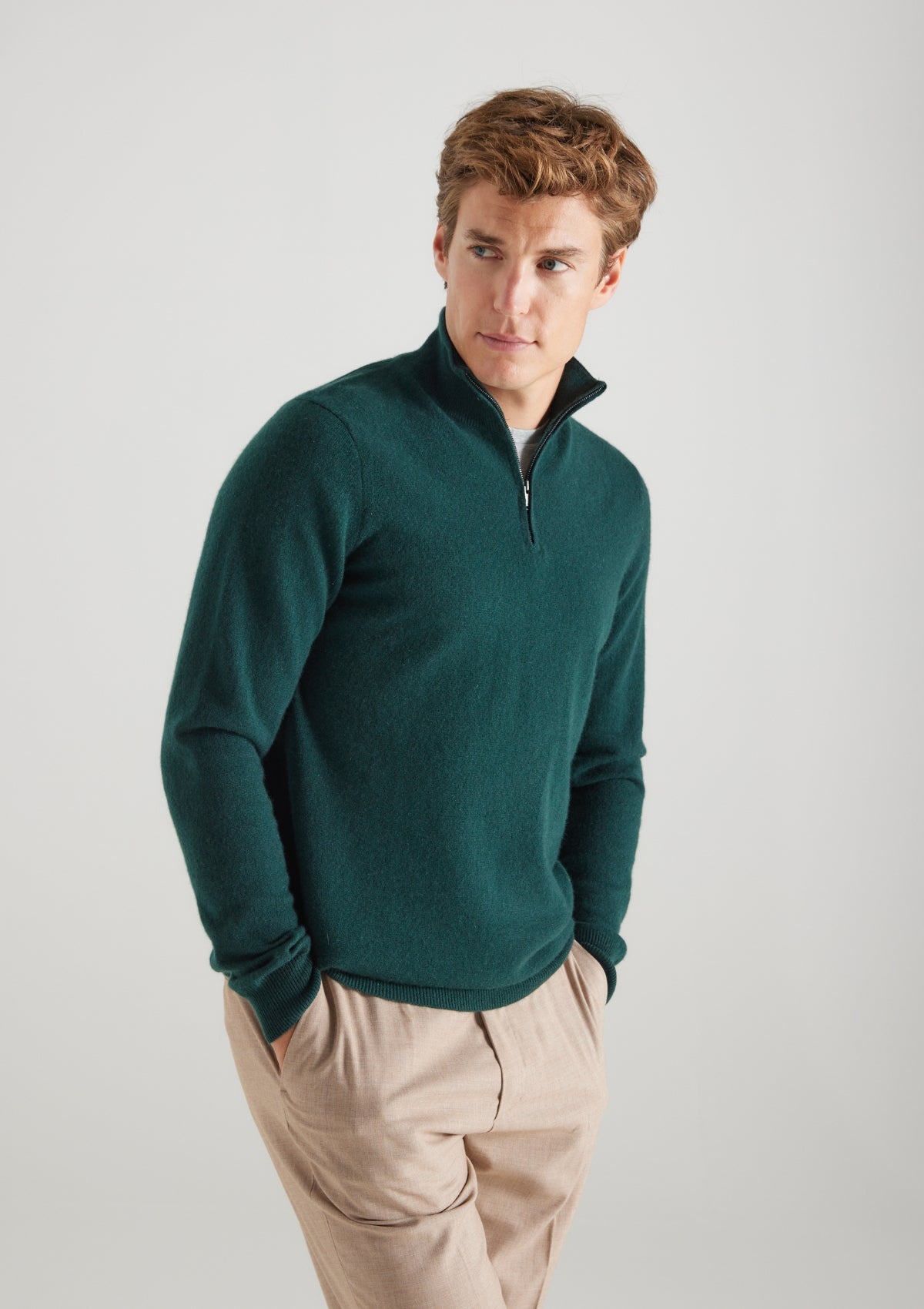 Mens Cashmere Half Zip Sweater in Bottle Green