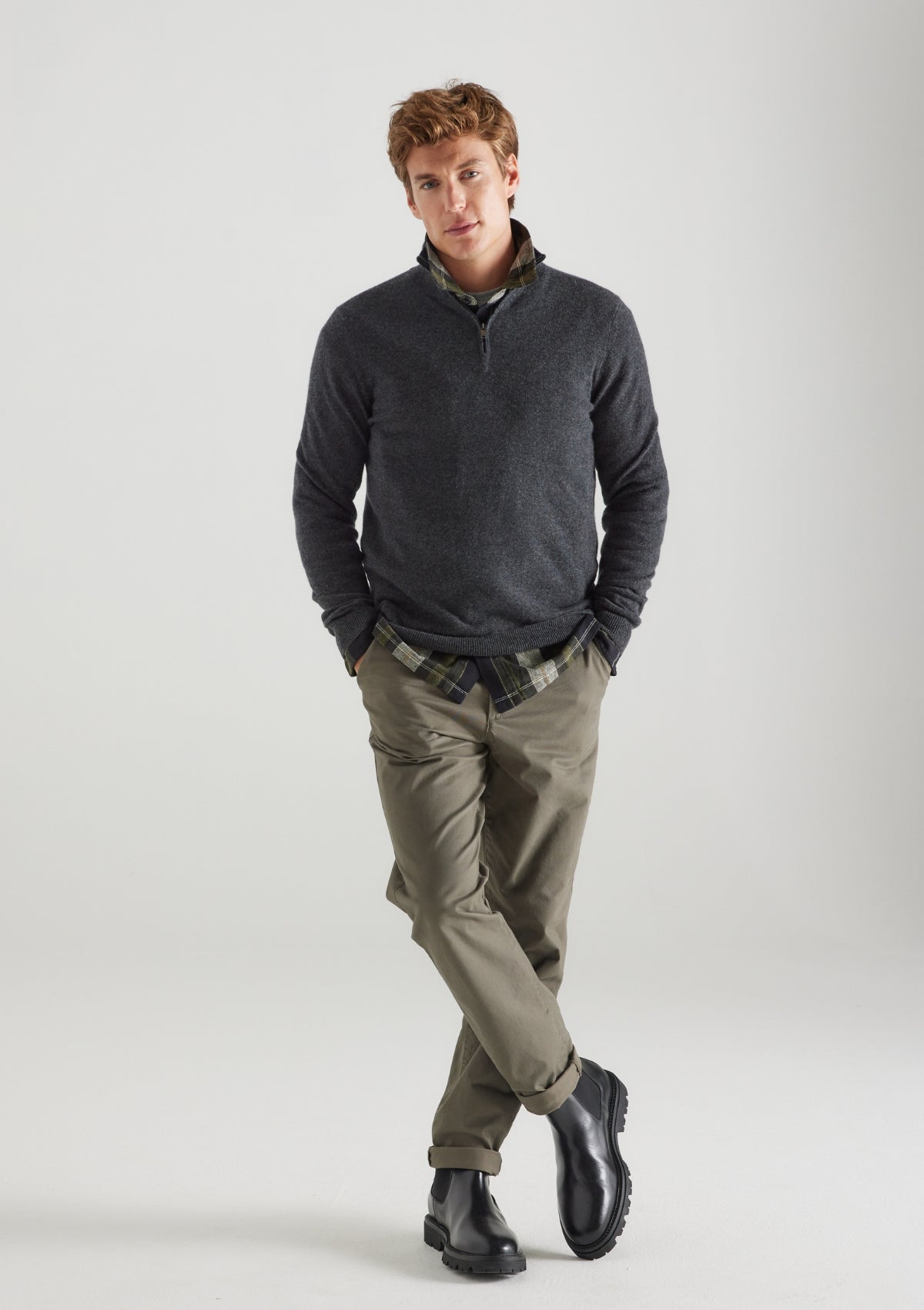 Mens Cashmere Half Zip Sweater in Flannel Grey