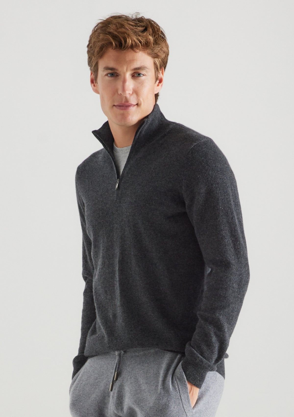 Mens Cashmere Half Zip Sweater in Flannel Grey