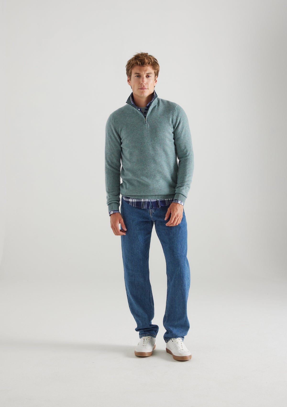 Mens Cashmere Half Zip Sweater in Lagoon Green