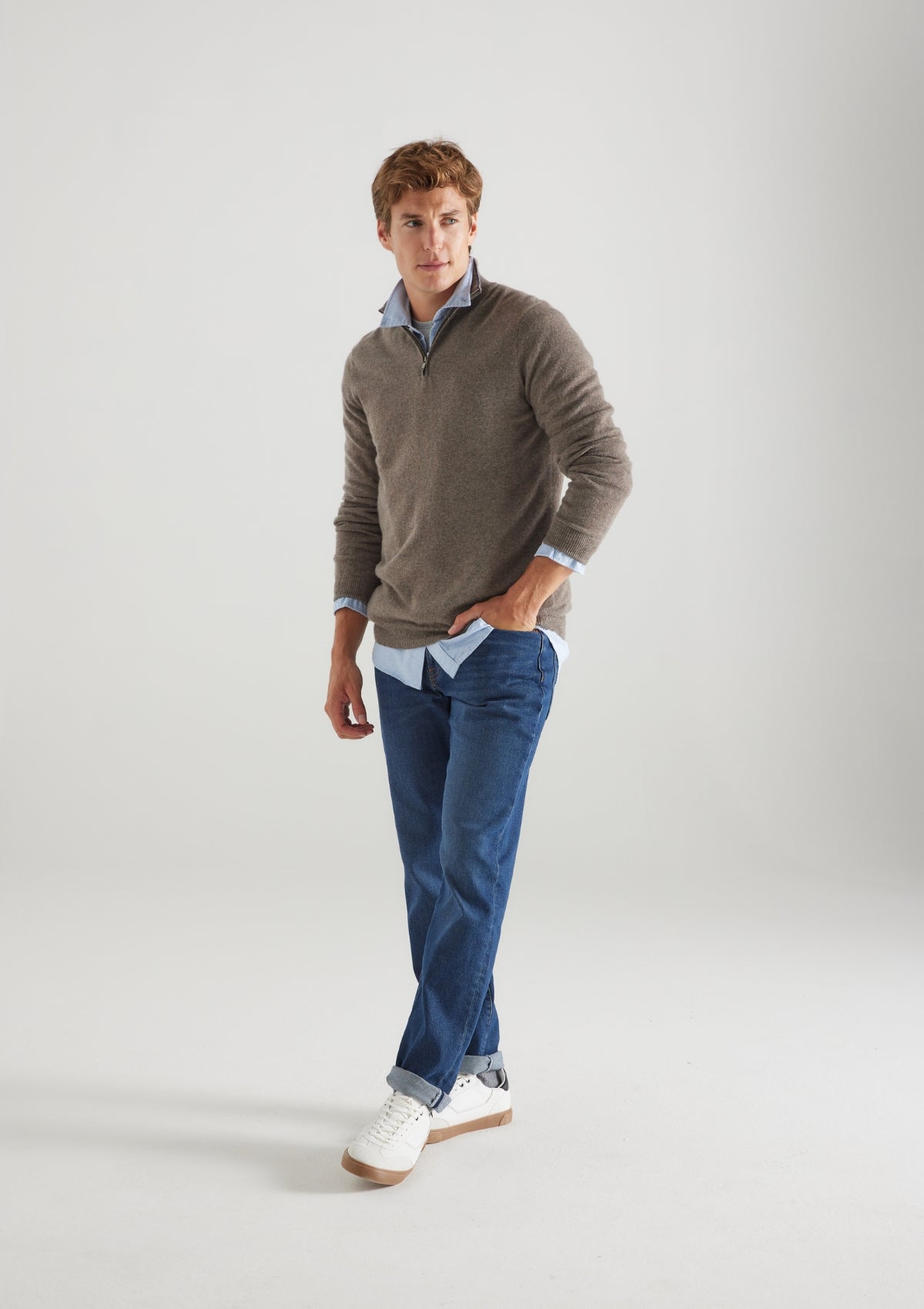 Mens Cashmere Half Zip Sweater in Otter Brown