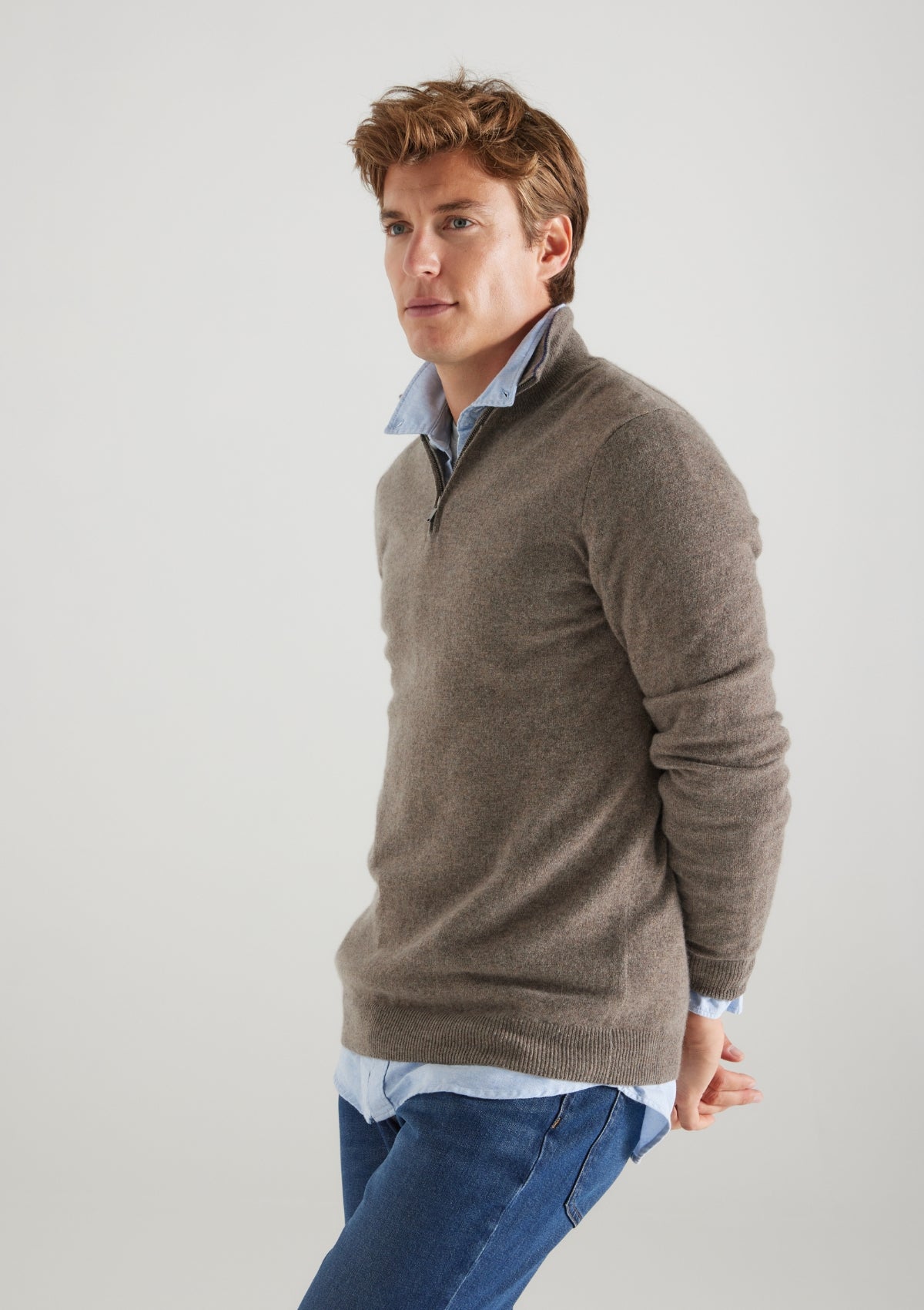 Mens Cashmere Half Zip Sweater in Otter Brown