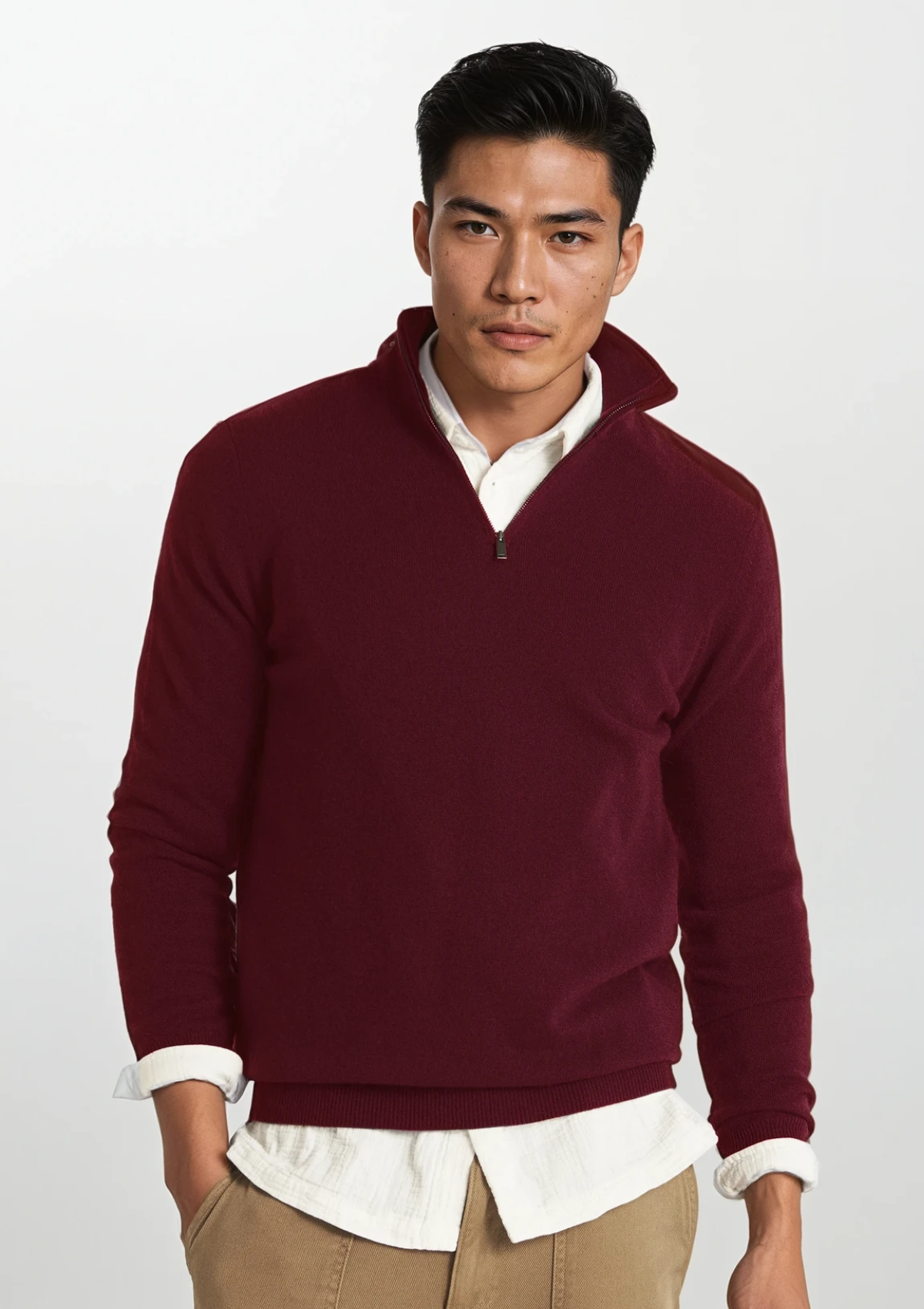 Mens Cashmere Half Zip Sweater in Plum Red