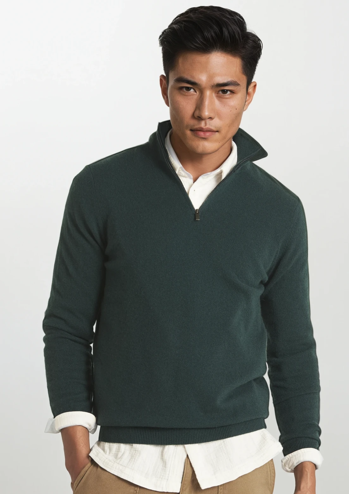 Mens Cashmere Half Zip Sweater in Bottle Green