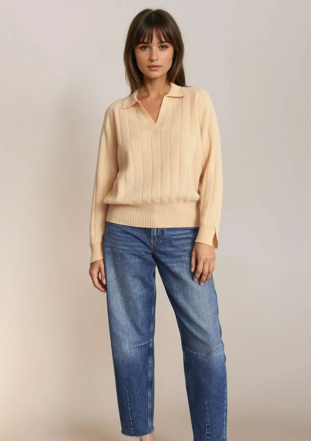 Cashmere Ribbed Collared Sweater in Parfait Peach