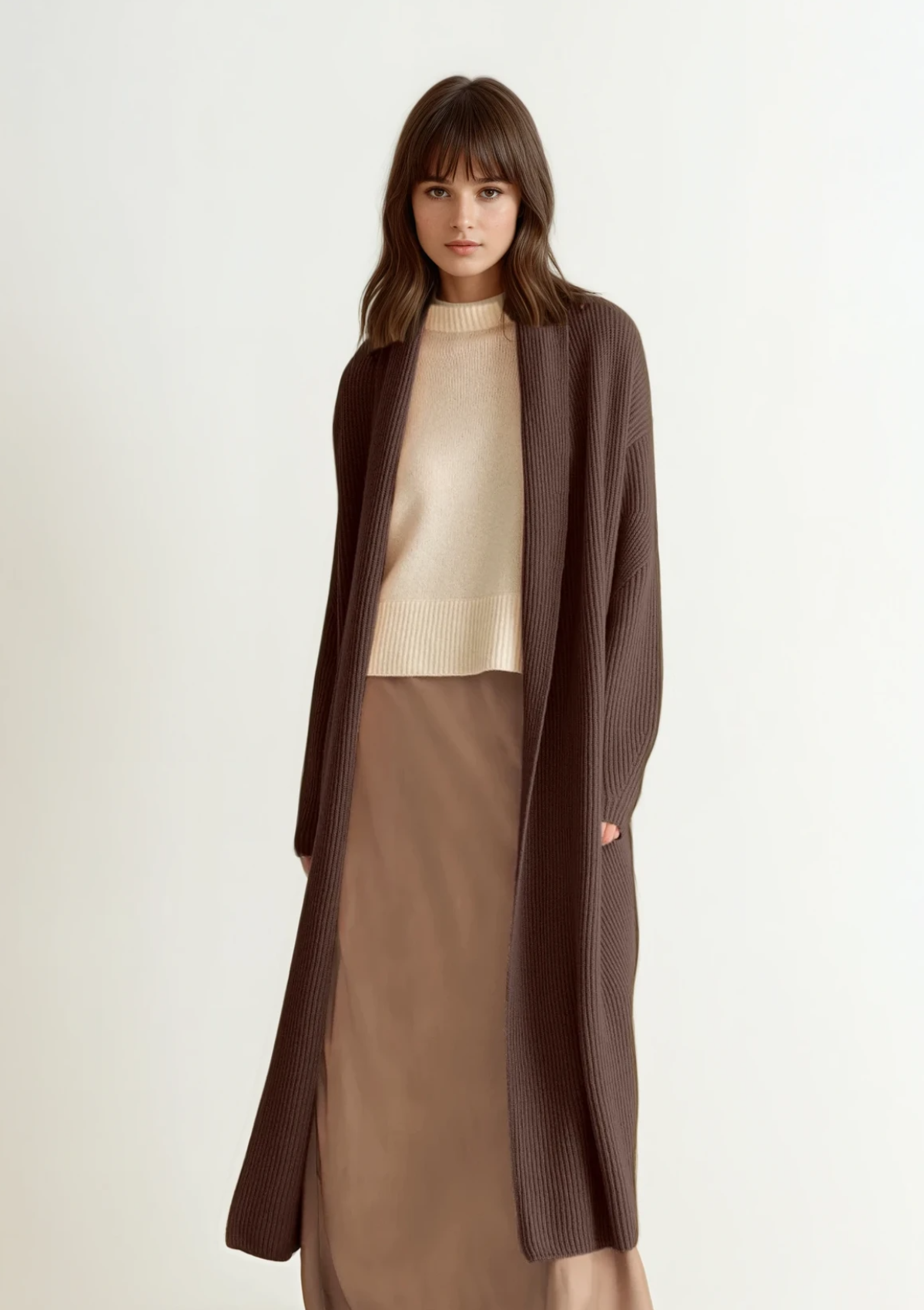 Ribbed Cashmere Coatigan in Rye Brown