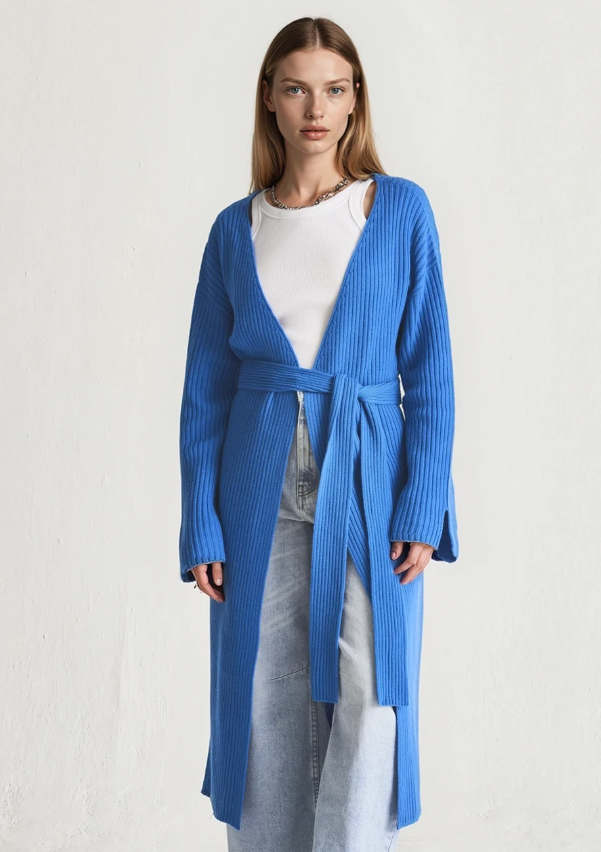Longline Cashmere Belted Cardigan in Jetstream Blue
