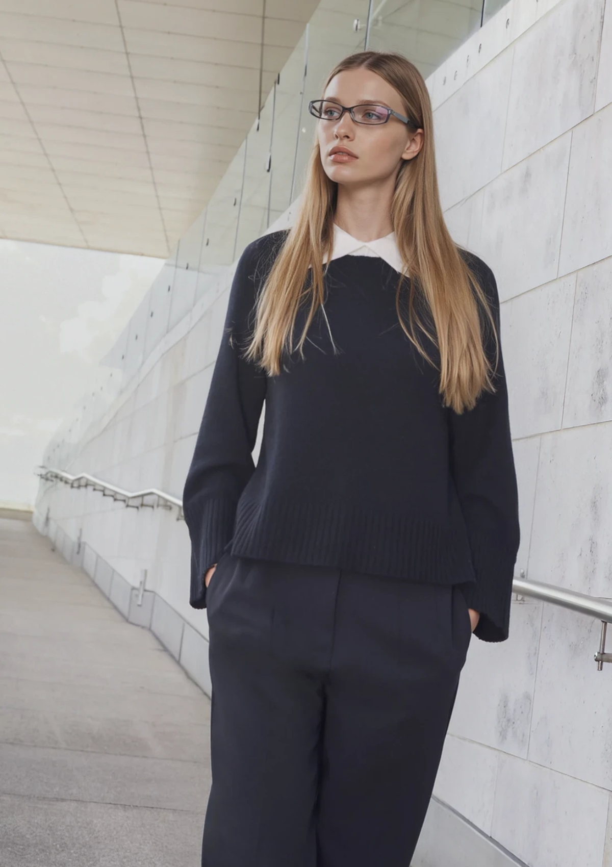 Cashmere A-Line Collared Sweater in Chalk/Black