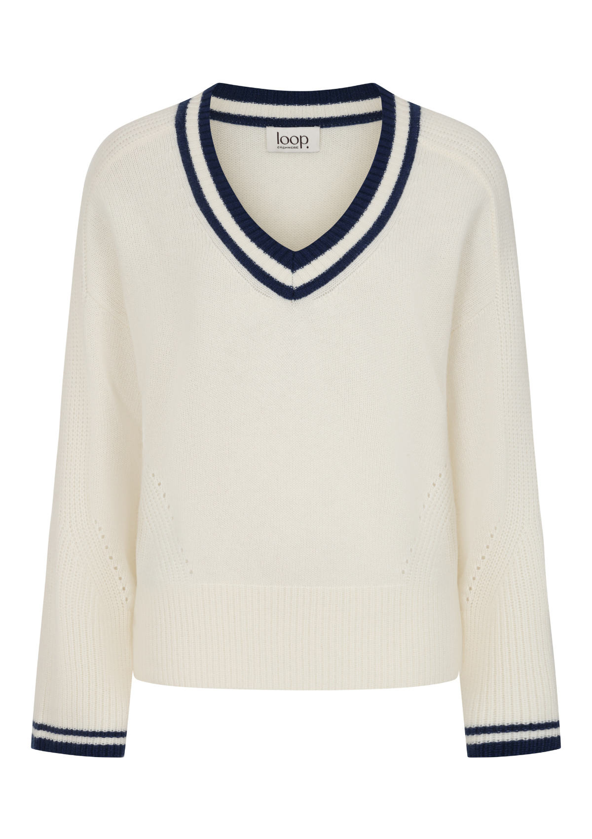 Striped Tipped V Neck Lofty Sweater in Snow White