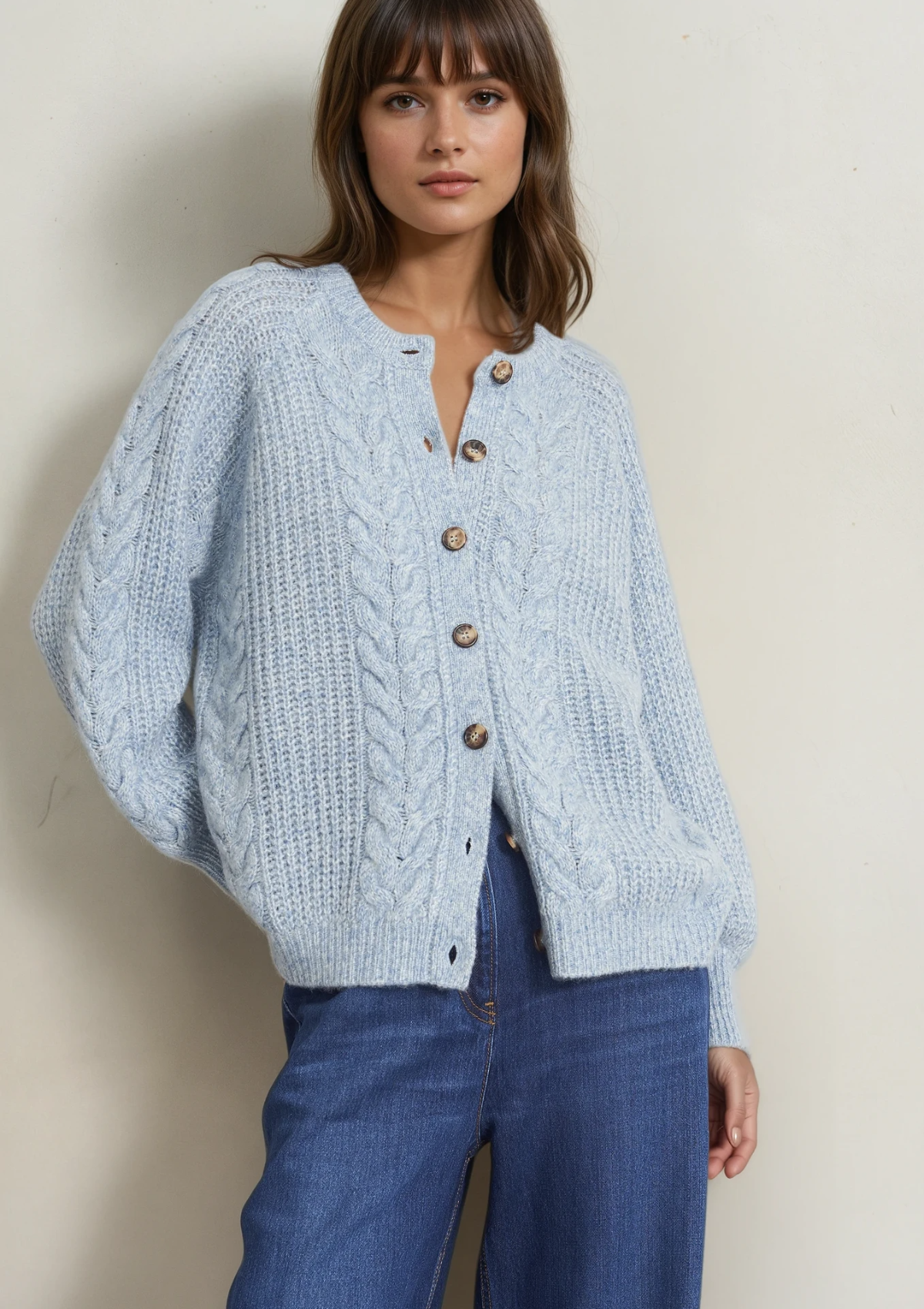 Silk & Cashmere Blend Cable Cardigan in Vintage Blue