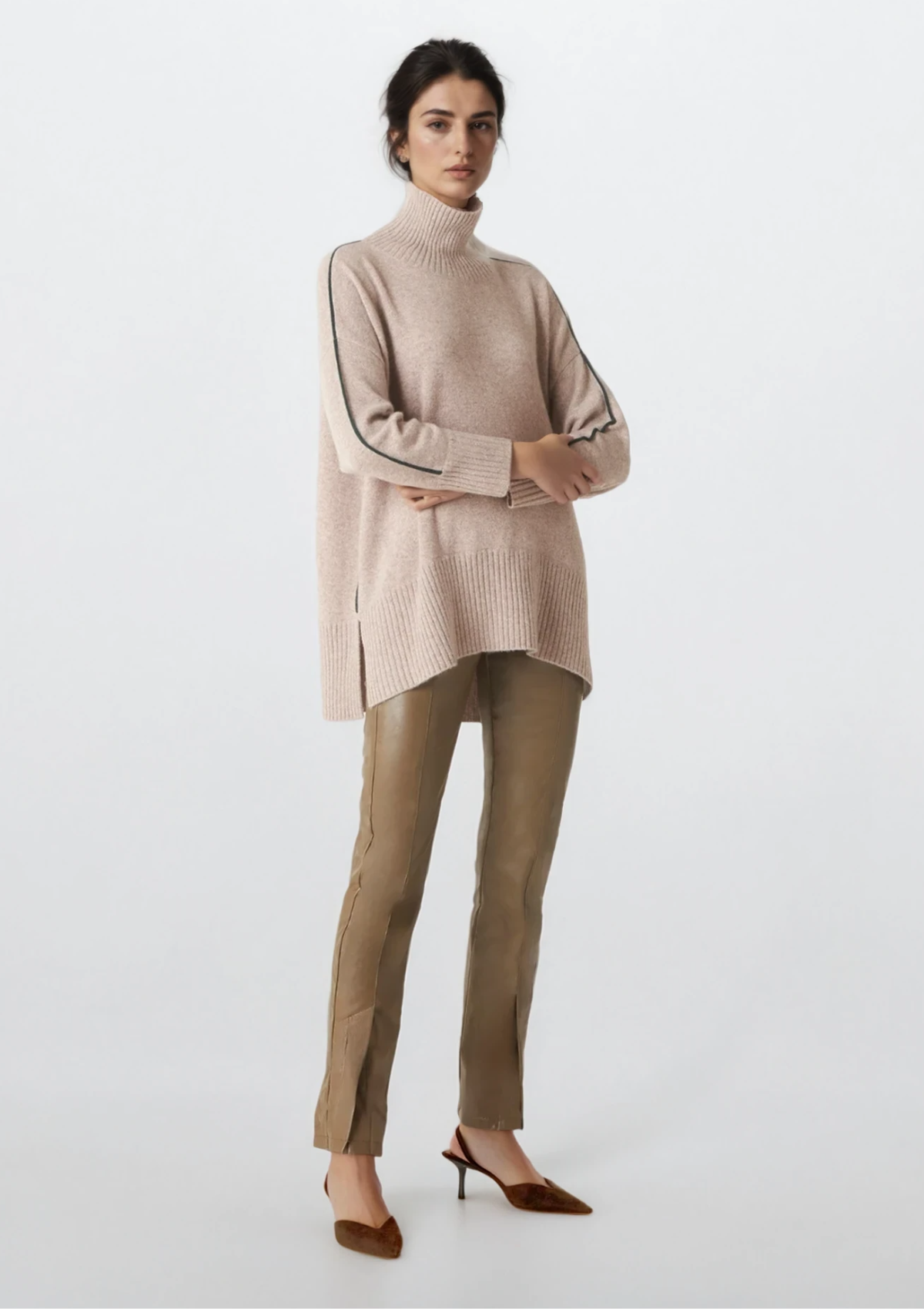 Contrast Trim Polo Neck Sweater in Brown/Green