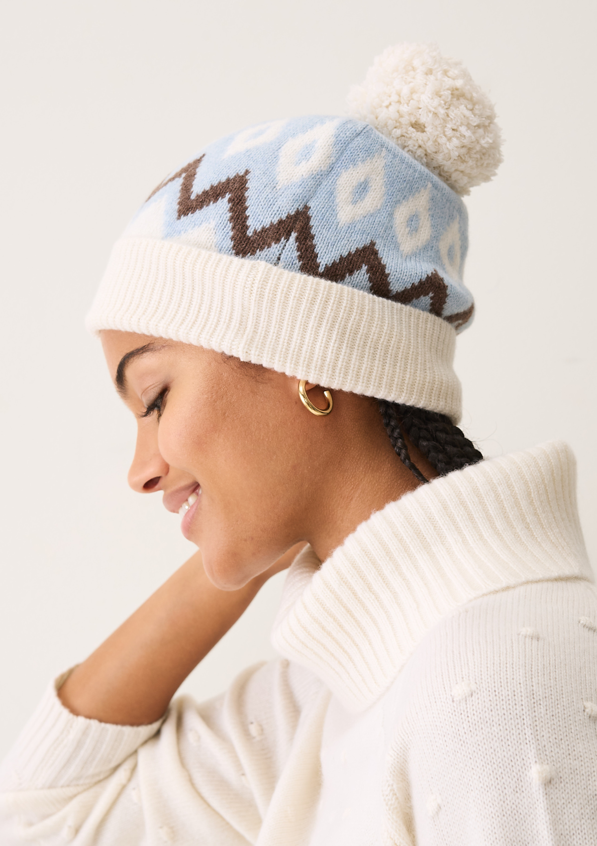 Bobble Beanie in Snow & Blue Nordic Mix