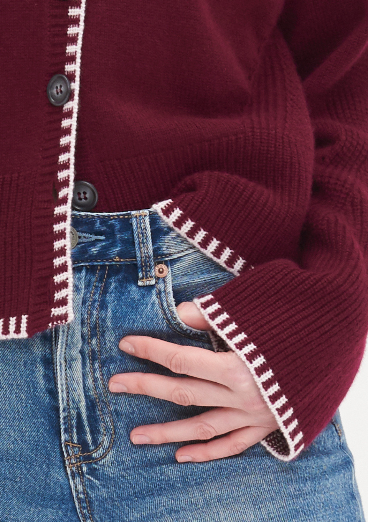Cashmere Blanket Stitch Cardigan in Barolo Red