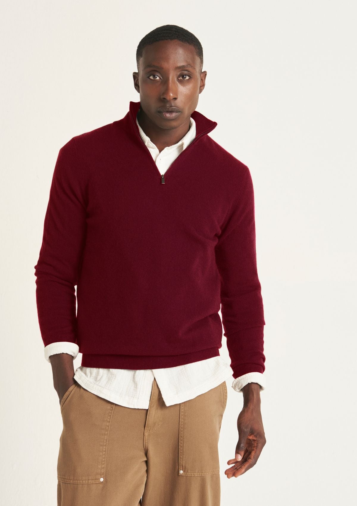 Mens Cashmere Half Zip Sweater in Plum Red