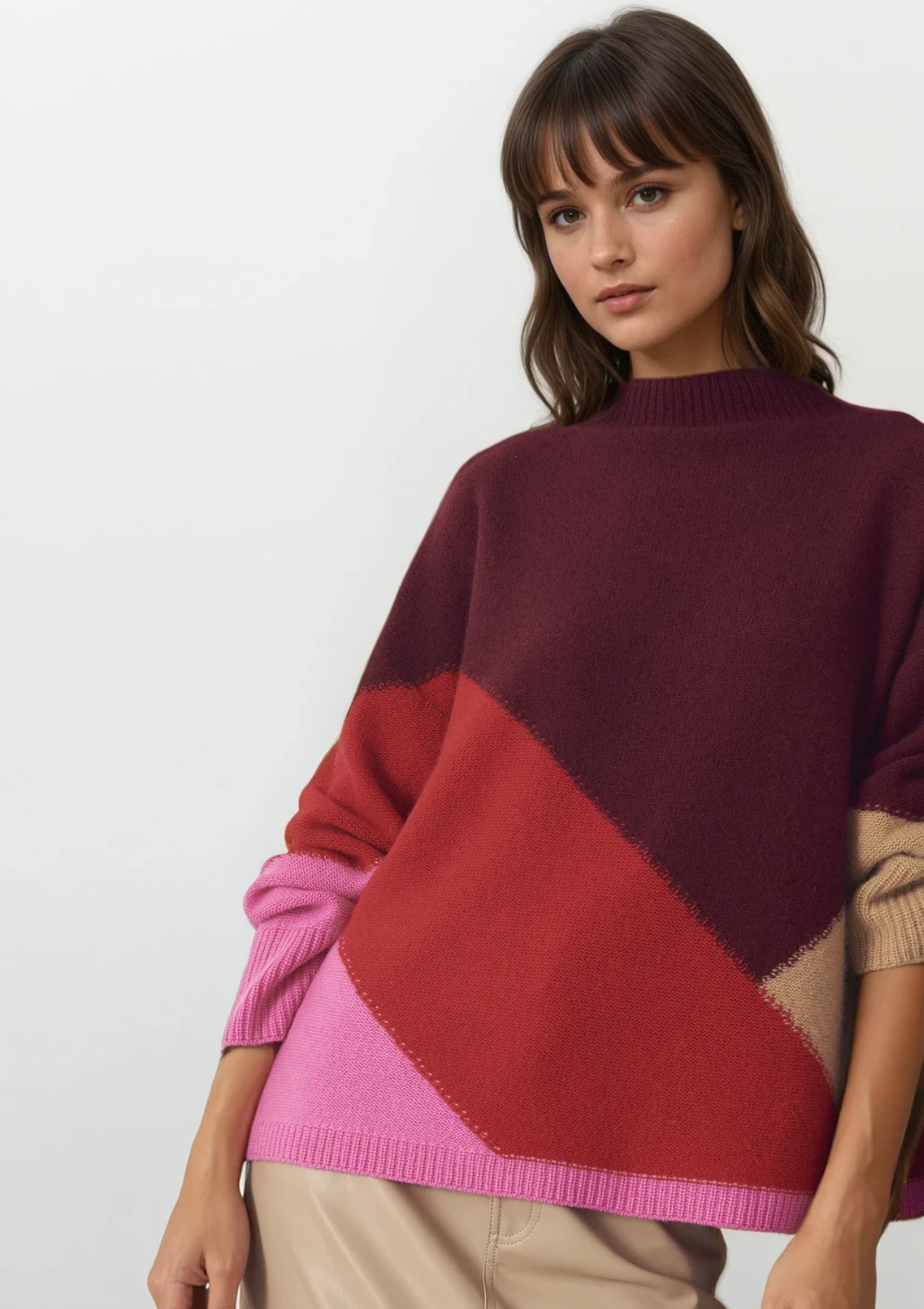 Chunky Colour Block Cashmere Sweater in Plum Red