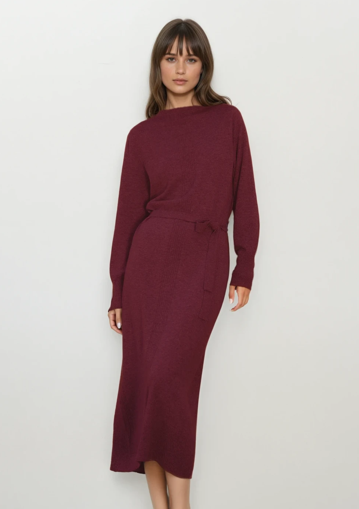 Relaxed Belted Cashmere Dress in Plum Red
