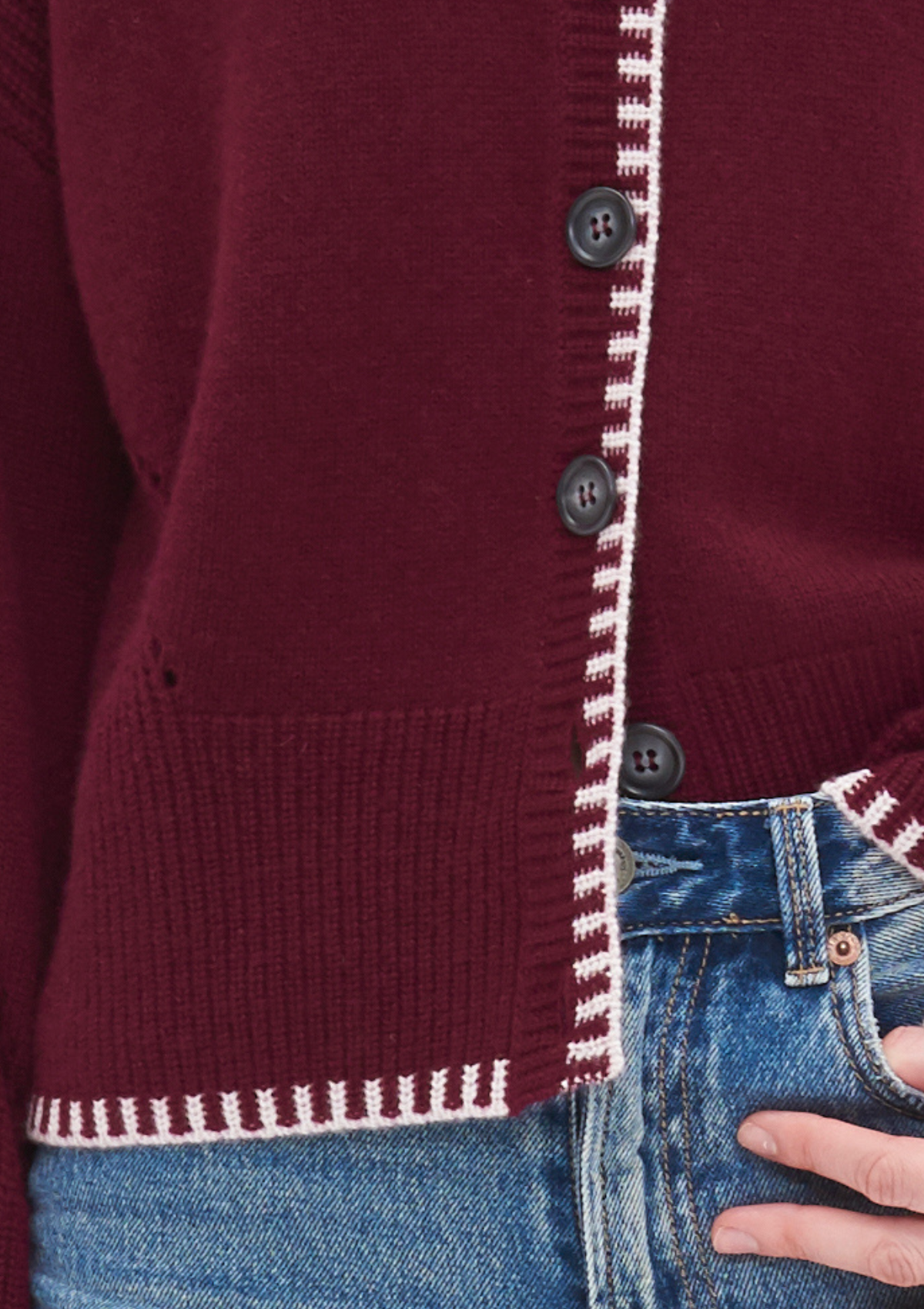 Cashmere Blanket Stitch Cardigan in Barolo Red