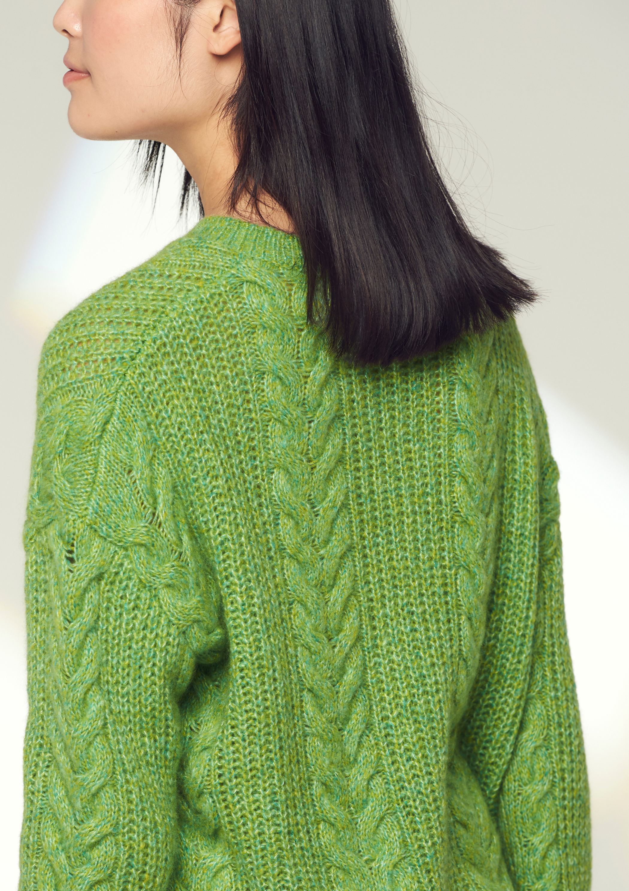 Silk & Cashmere Blend Cable Crew Neck Sweater in Sedum Green