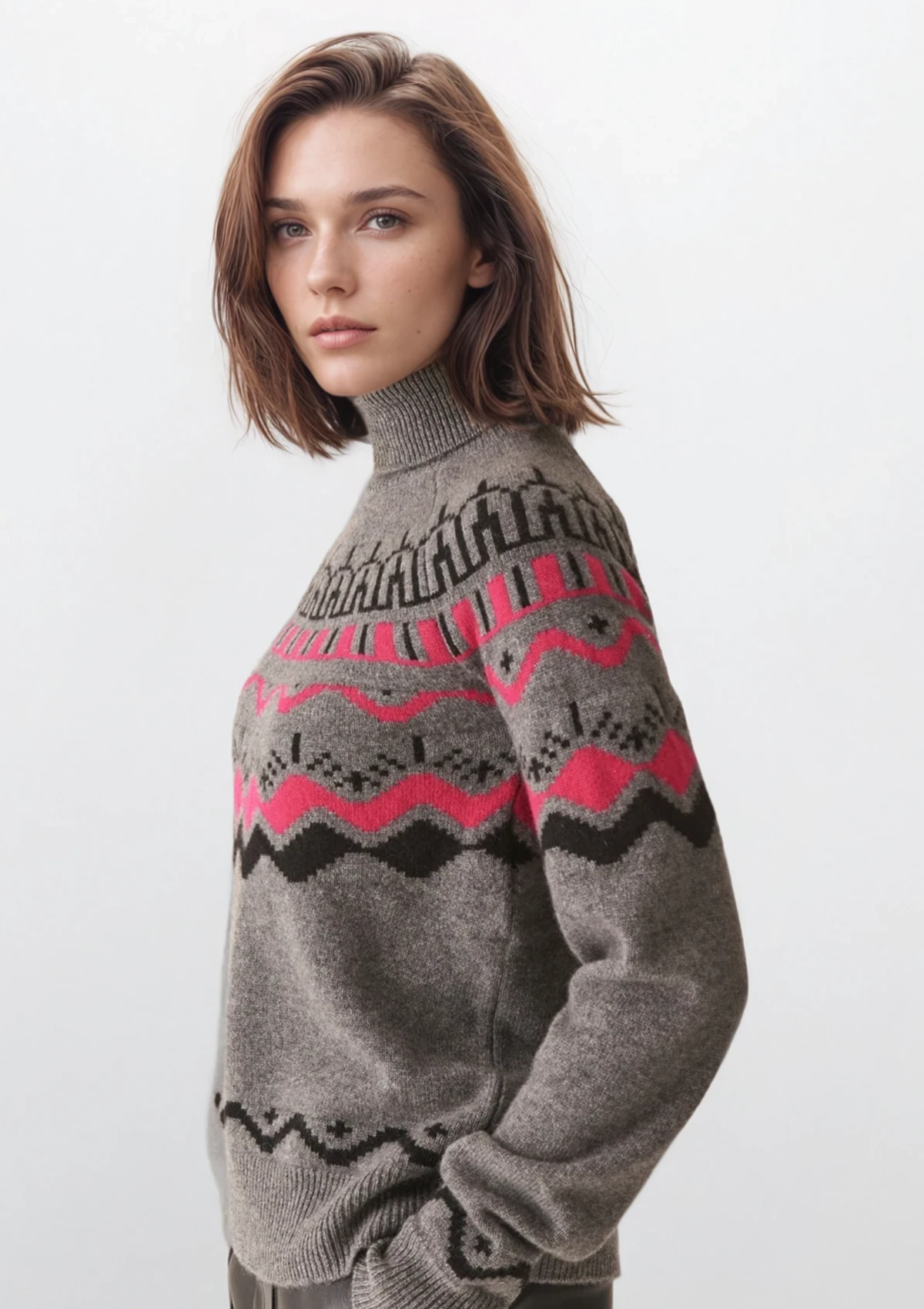 Cashmere Alpine Knit Sweater in Grey/Cherry Pink