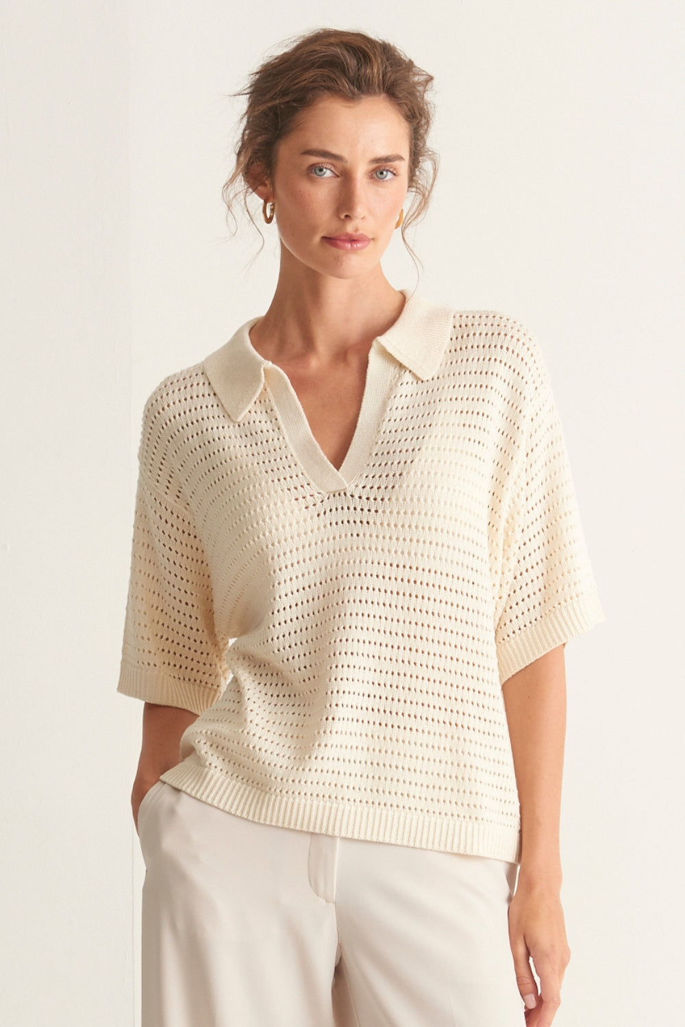 Collared Open Knit Top