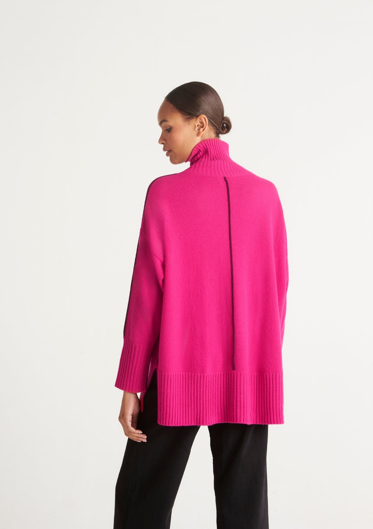 Contrast Trim Polo Neck Sweater in Cherry Pink/Barolo Red