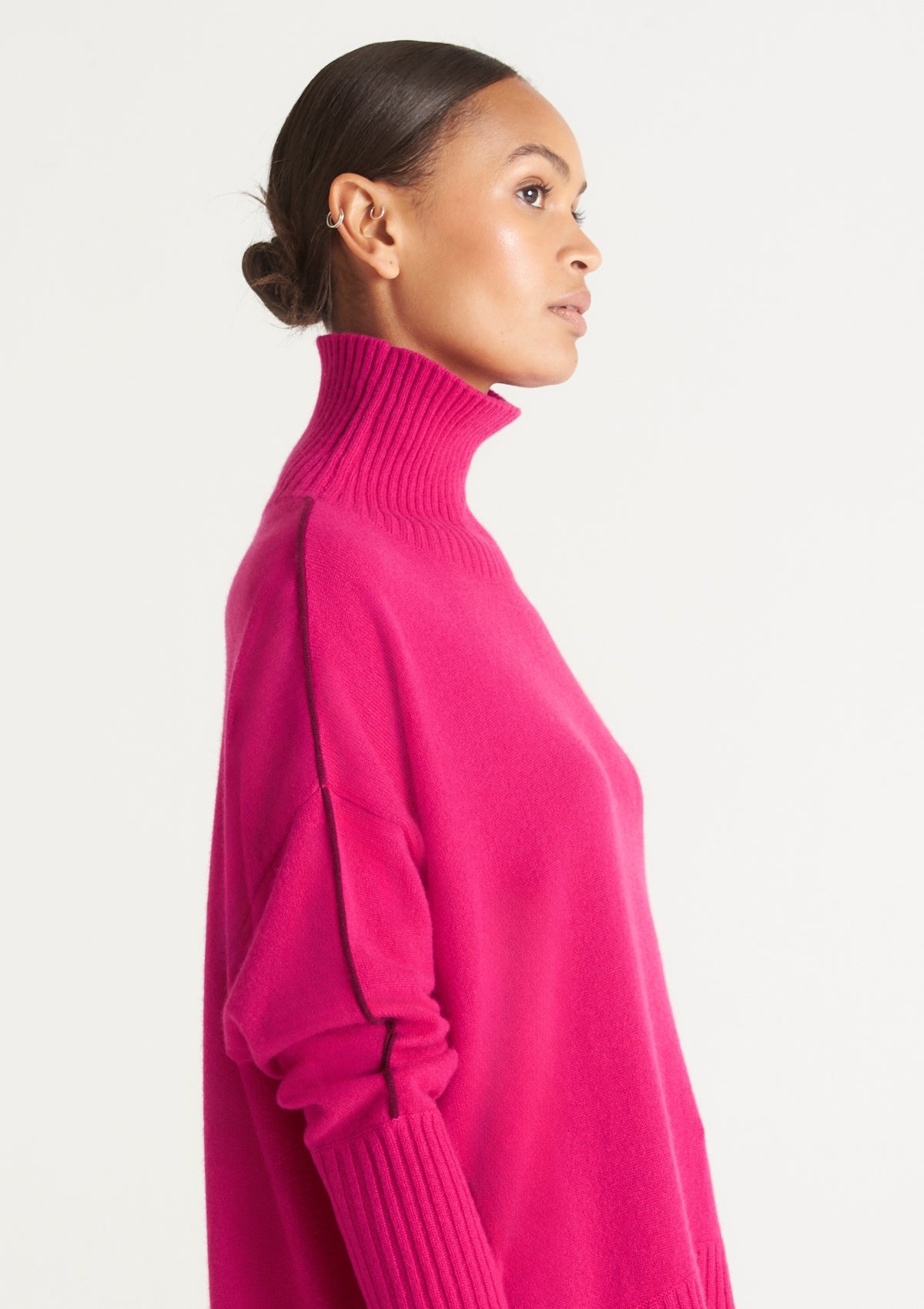 Contrast Trim Polo Neck Sweater in Cherry Pink/Barolo Red