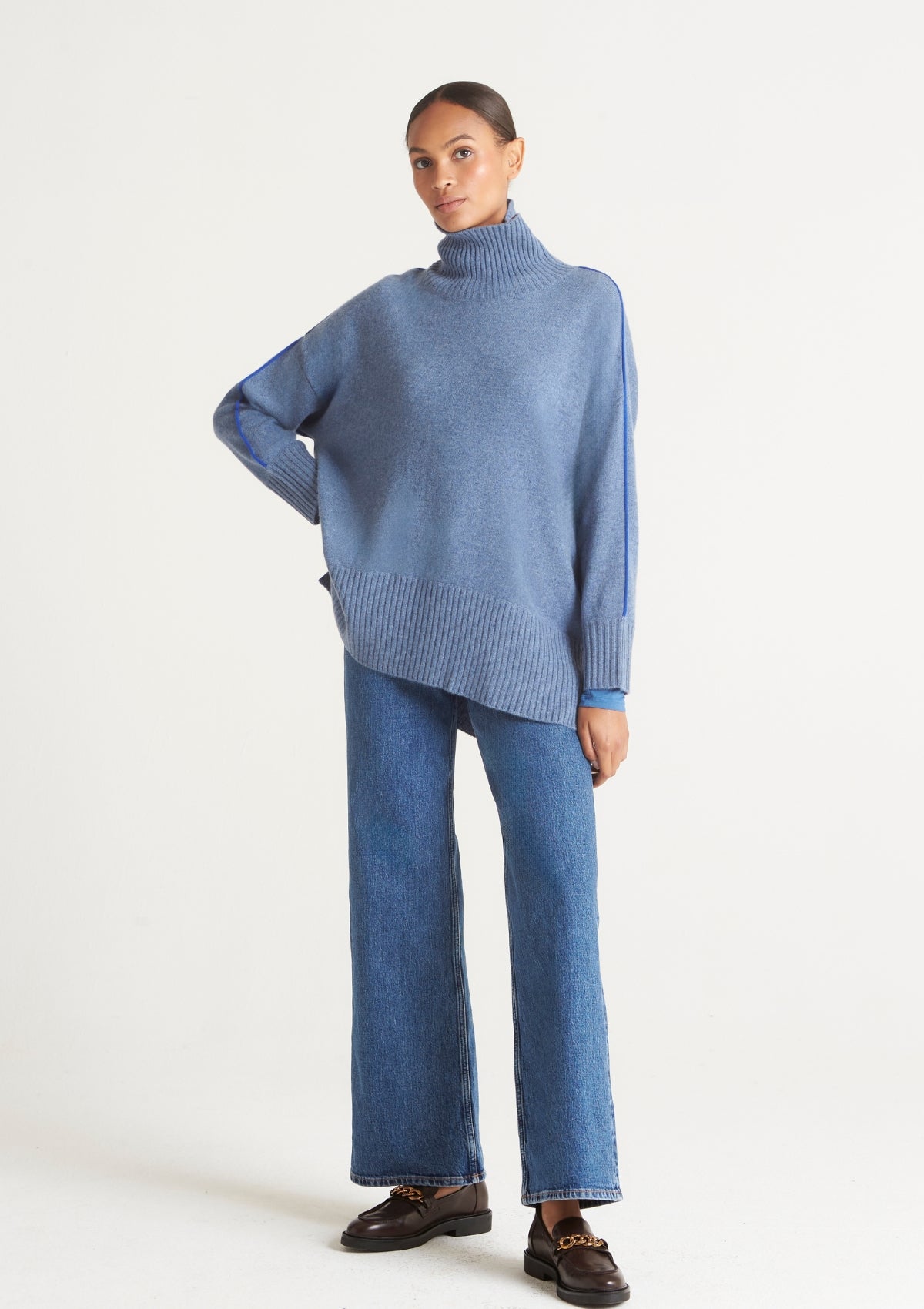 Contrast Trim Polo Neck Sweater in Baltic Blue/Klein Blue