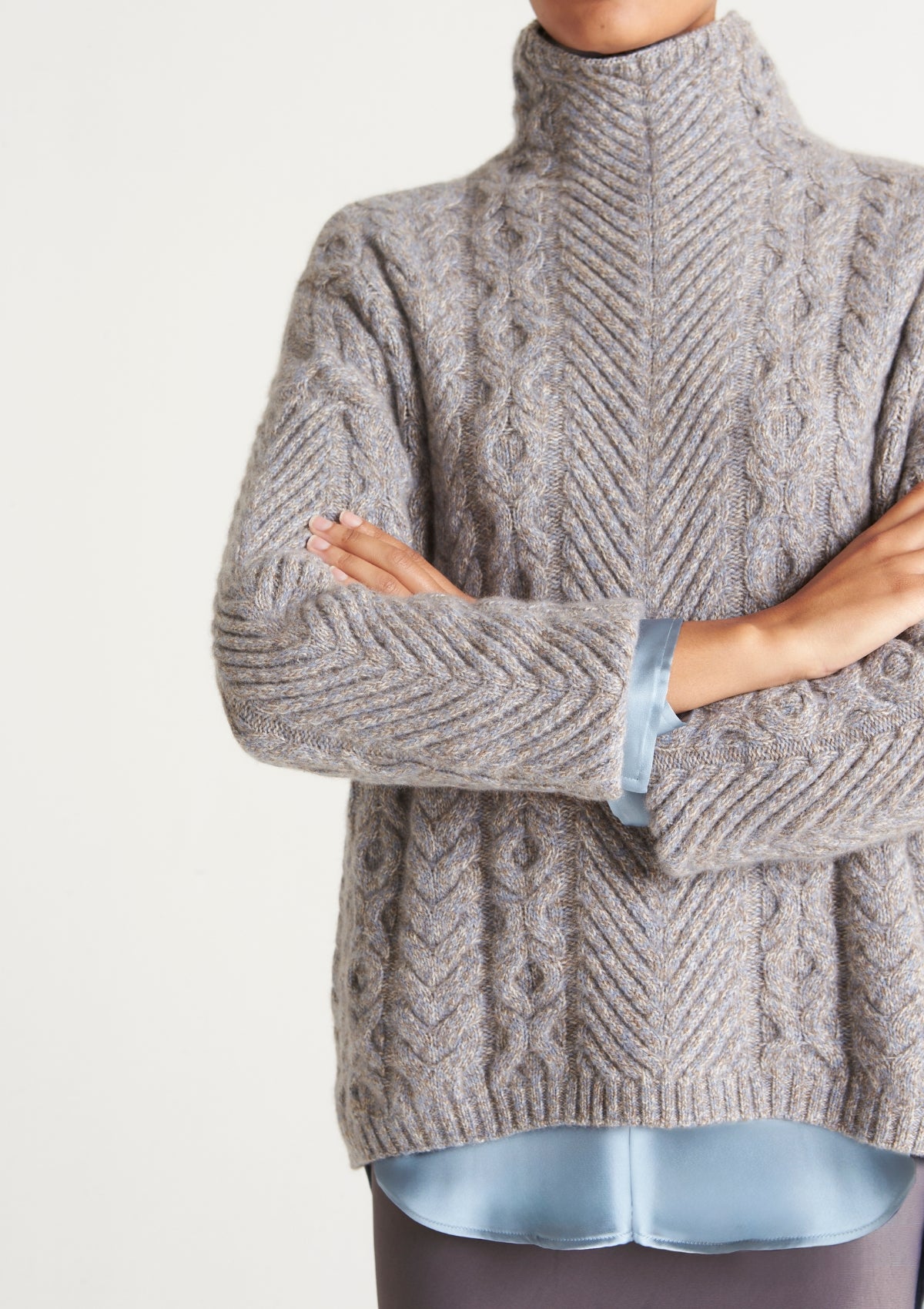High Neck Cable Sweater in Smoky Blue