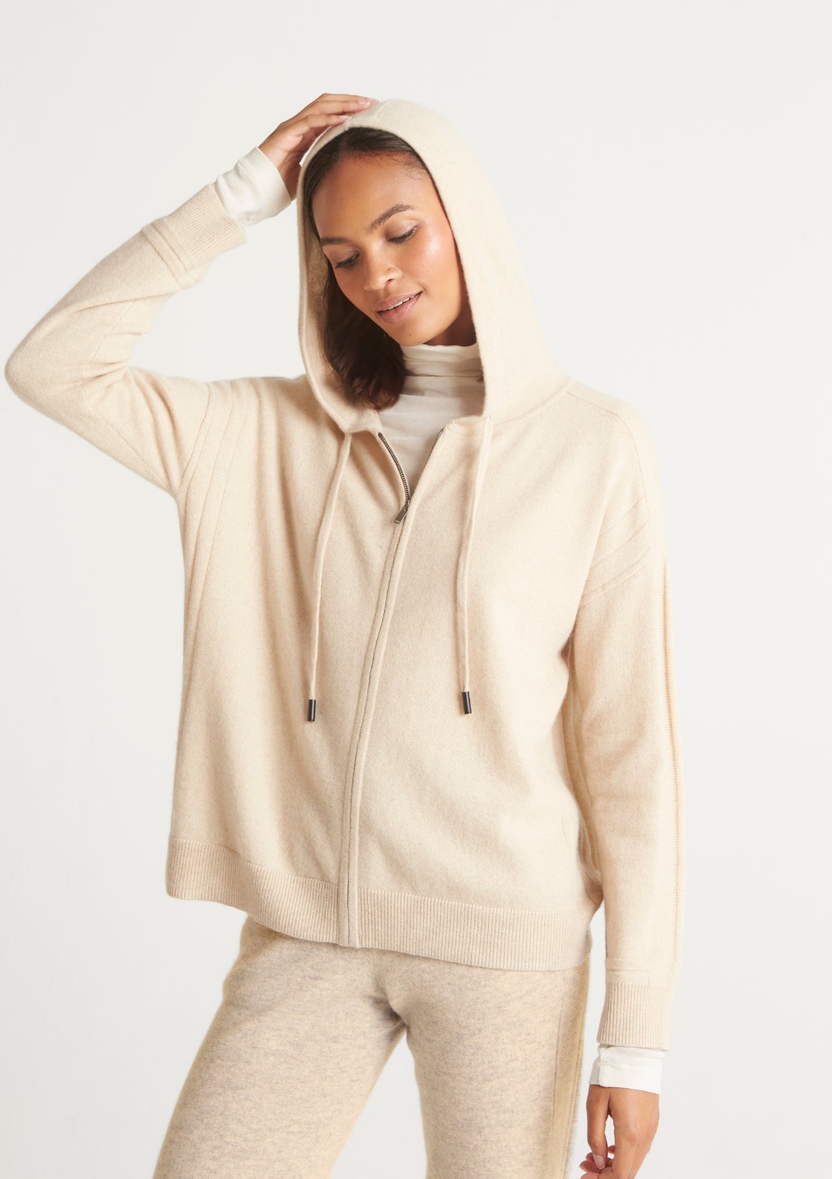 Cashmere Zip Through Hoodie in Natural Beige