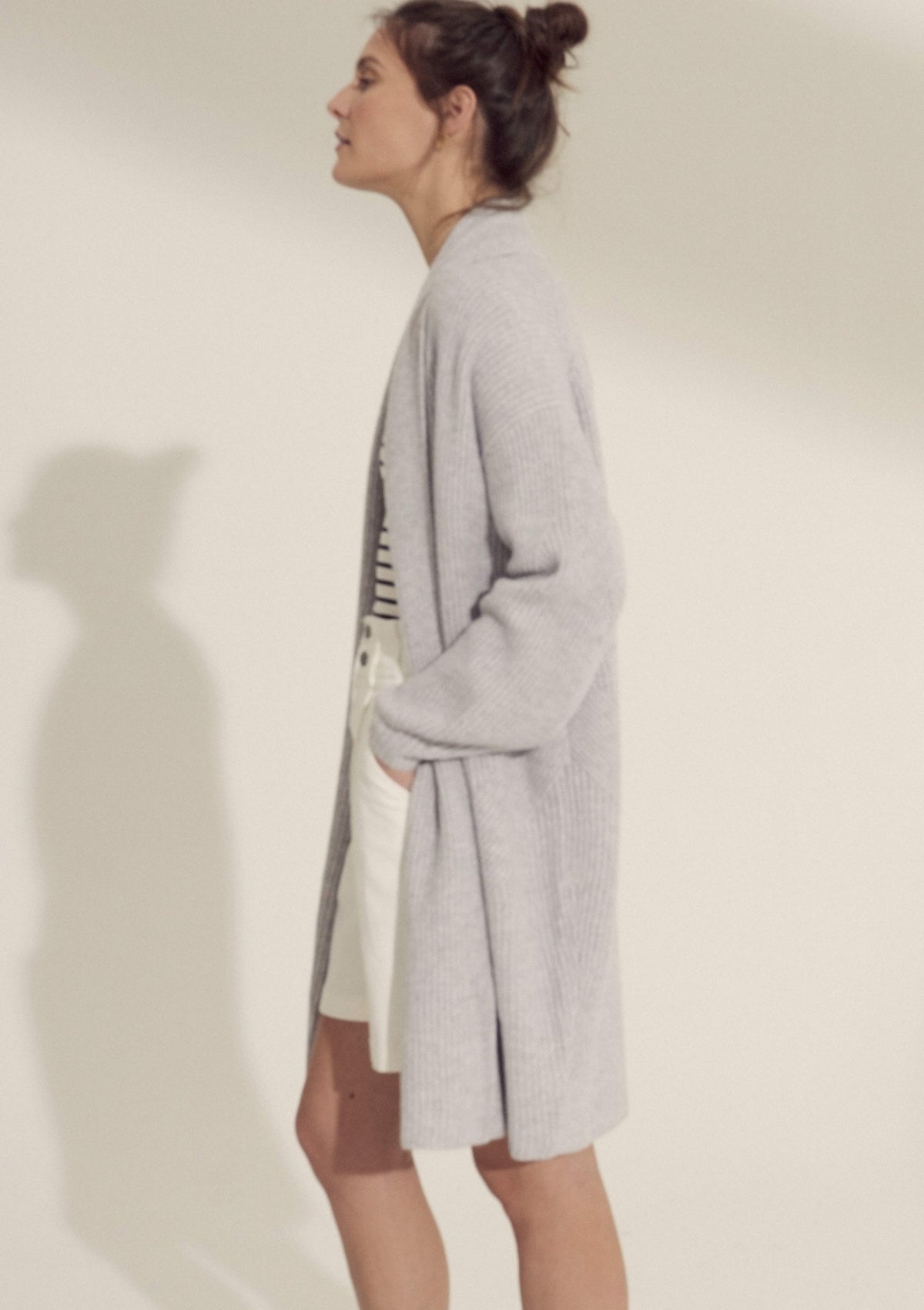 Ribbed Short Cashmere Coatigan in Foggy Grey