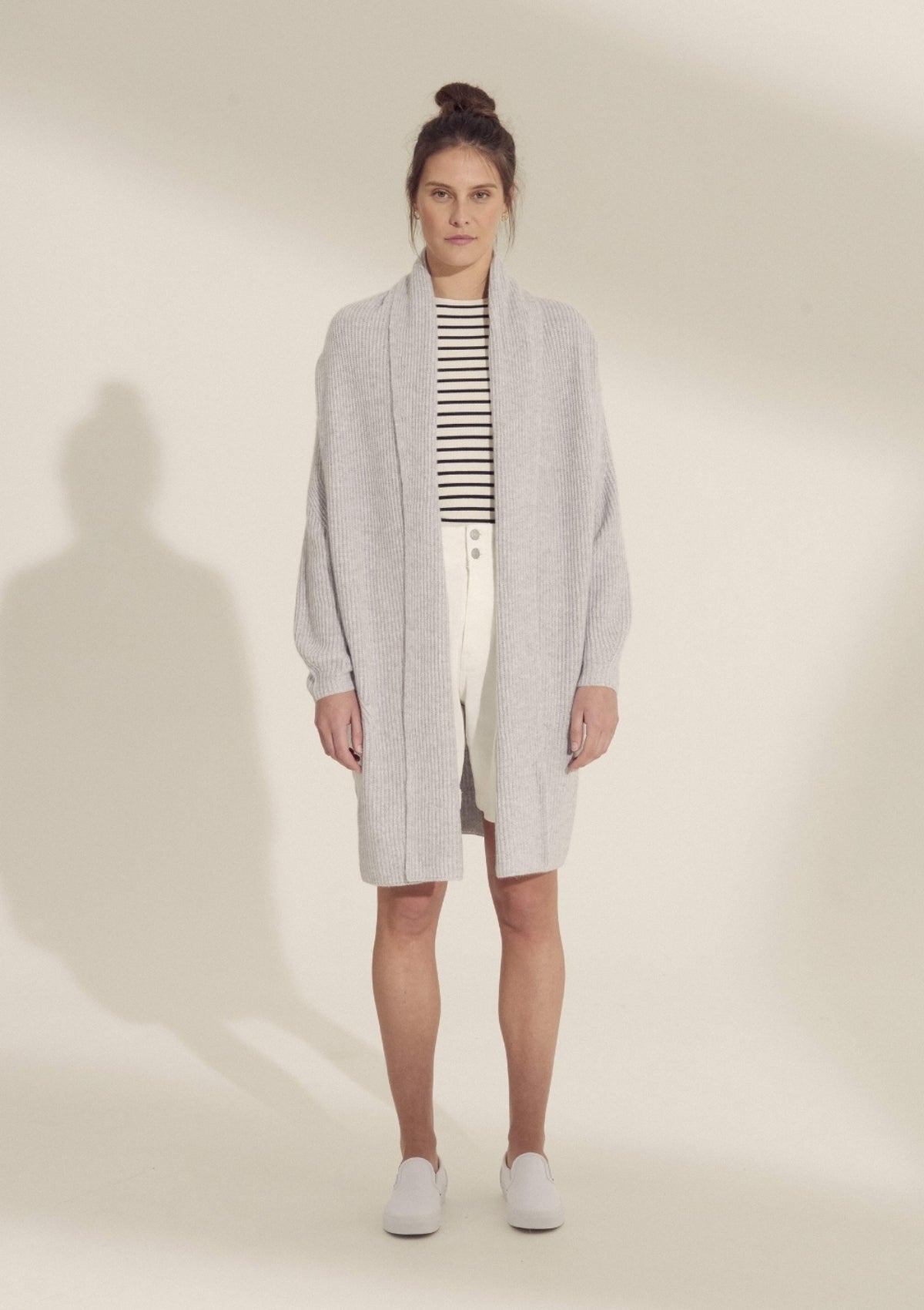 Ribbed Short Cashmere Coatigan in Foggy Grey