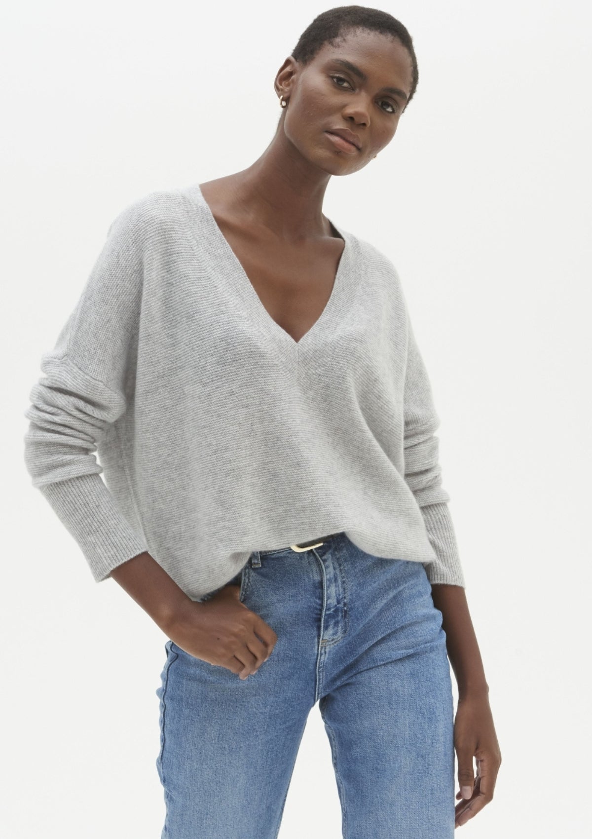 Relaxed V Neck Sweater in Foggy Grey
