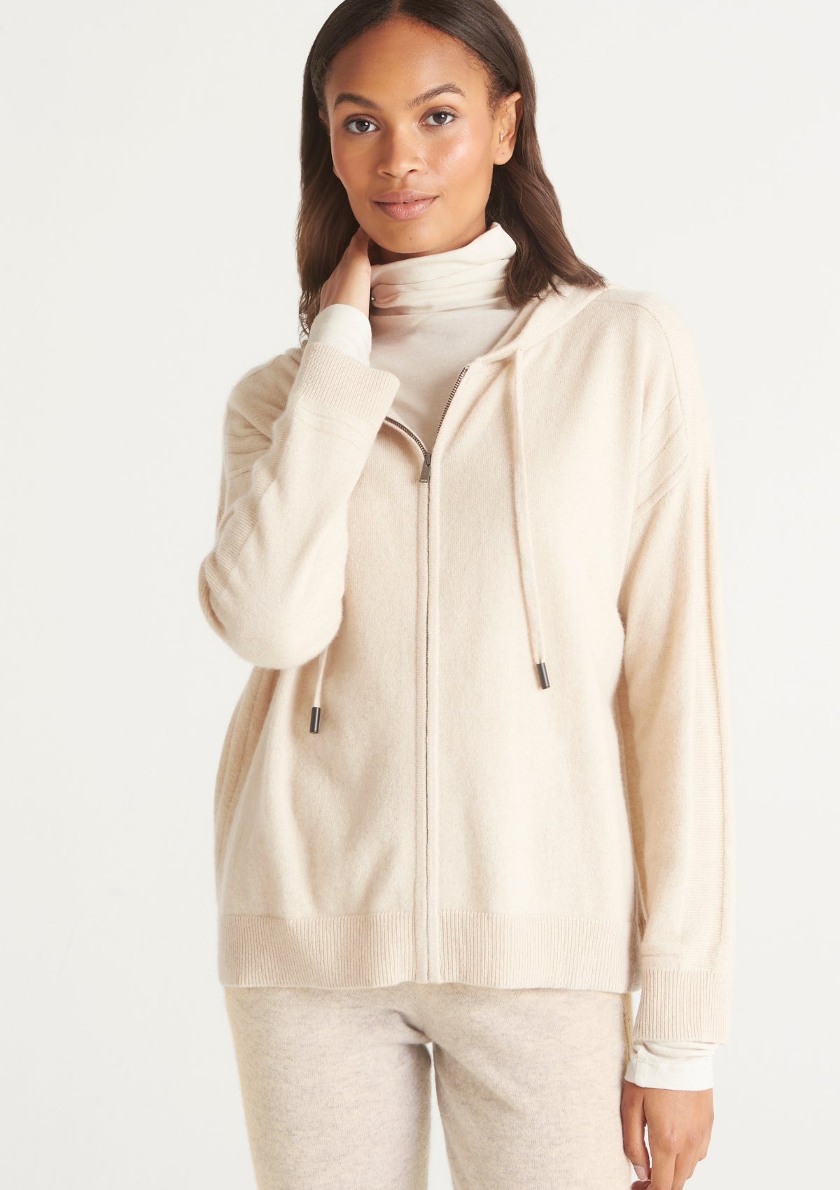 Cashmere Zip Through Hoodie in Natural White