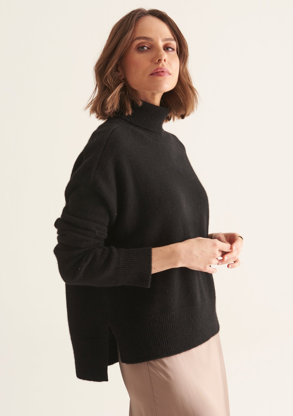 Ribbed Trim Polo Sweater in Black