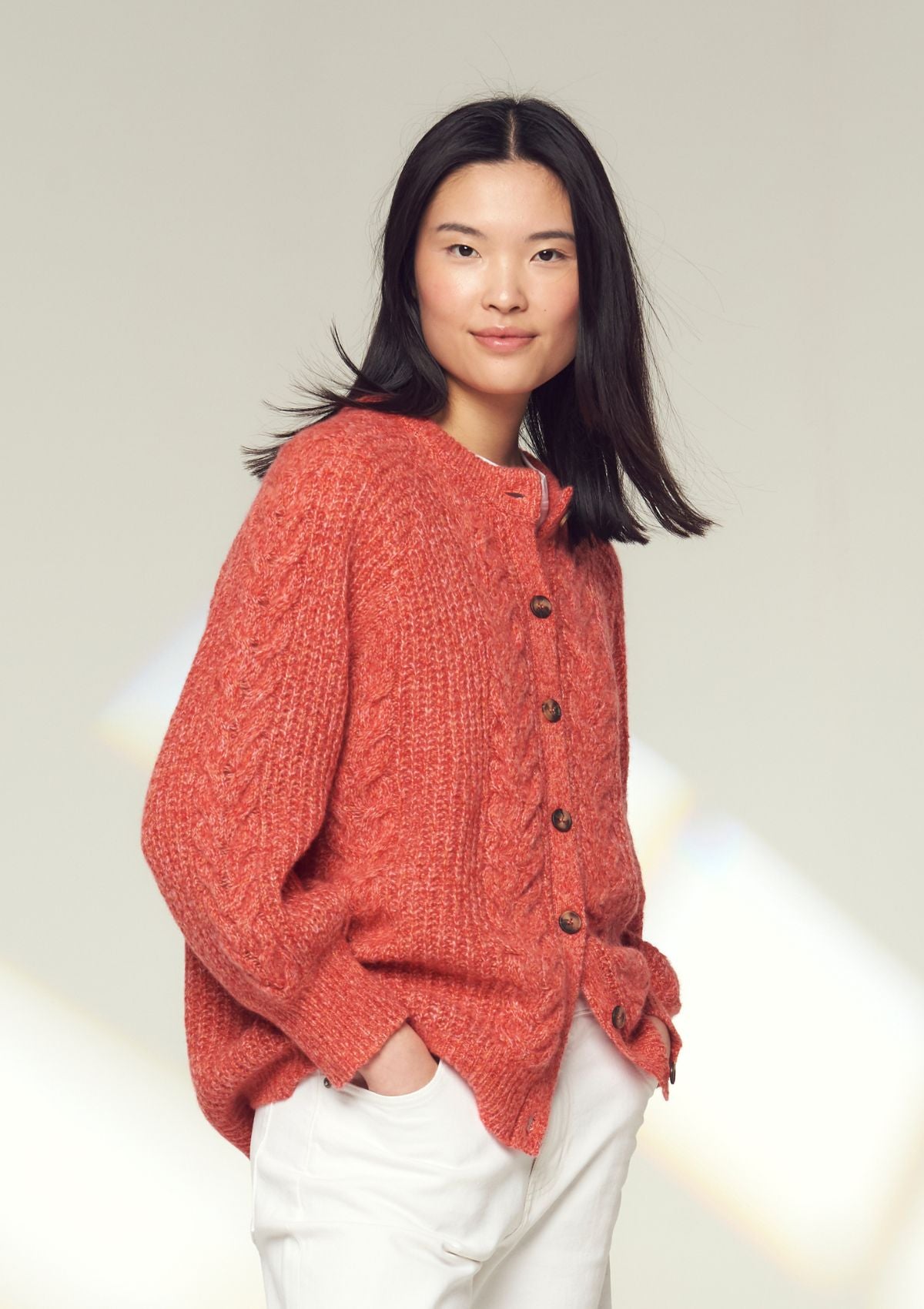 Silk & Cashmere Blend Cable Cardigan in Geranium Red