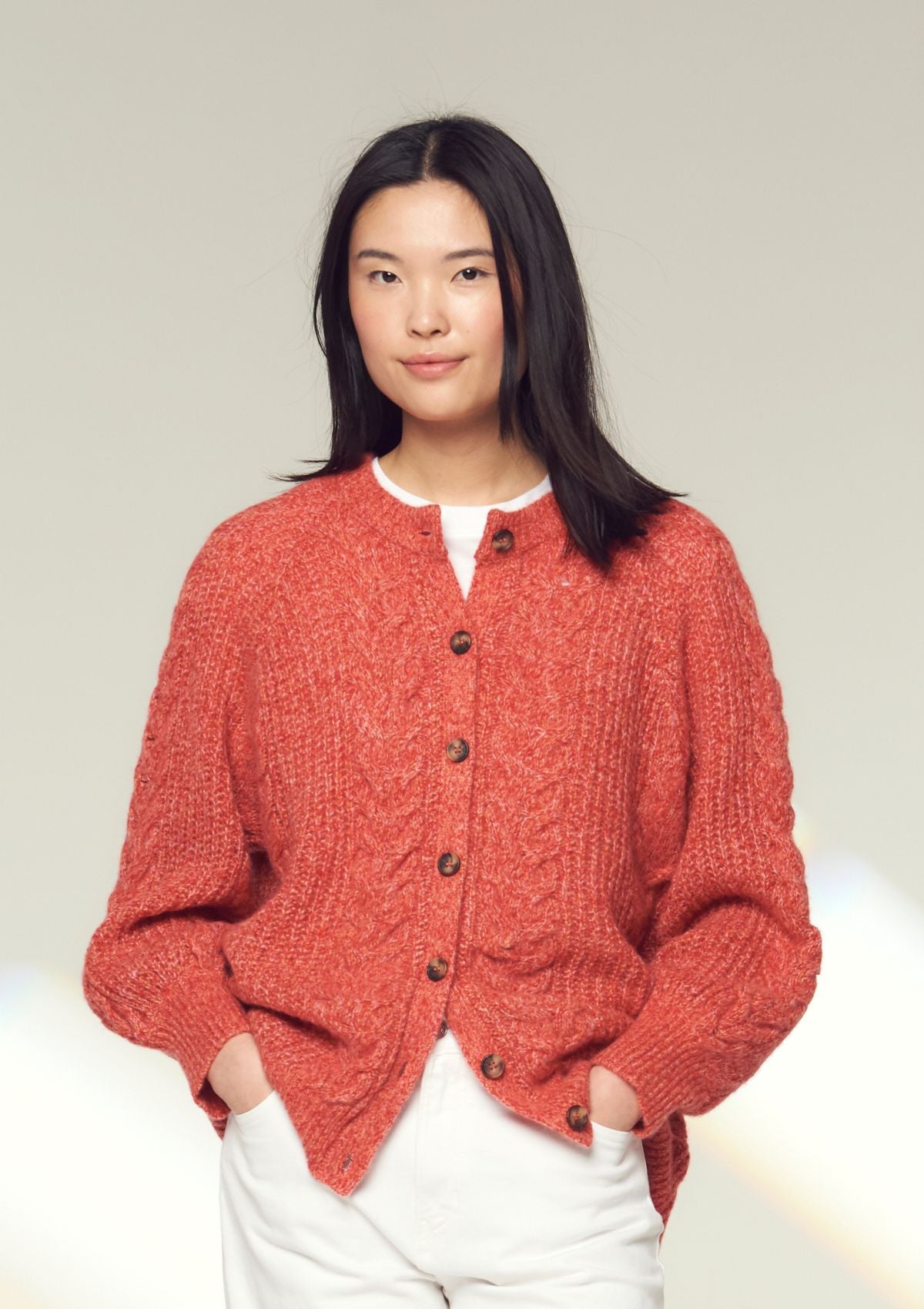 Silk & Cashmere Blend Cable Cardigan in Geranium Red