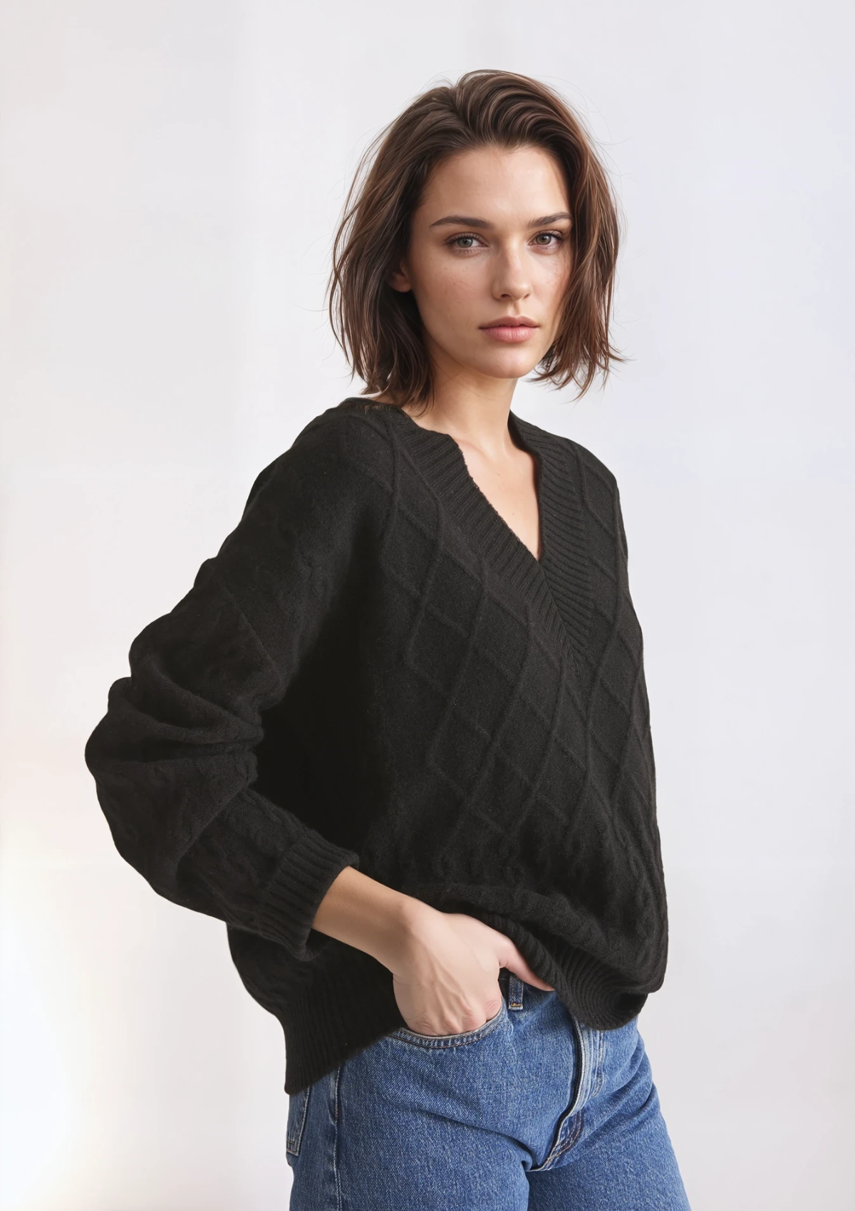 Ribbed Trim Cable Cashmere V Neck Sweater in Black