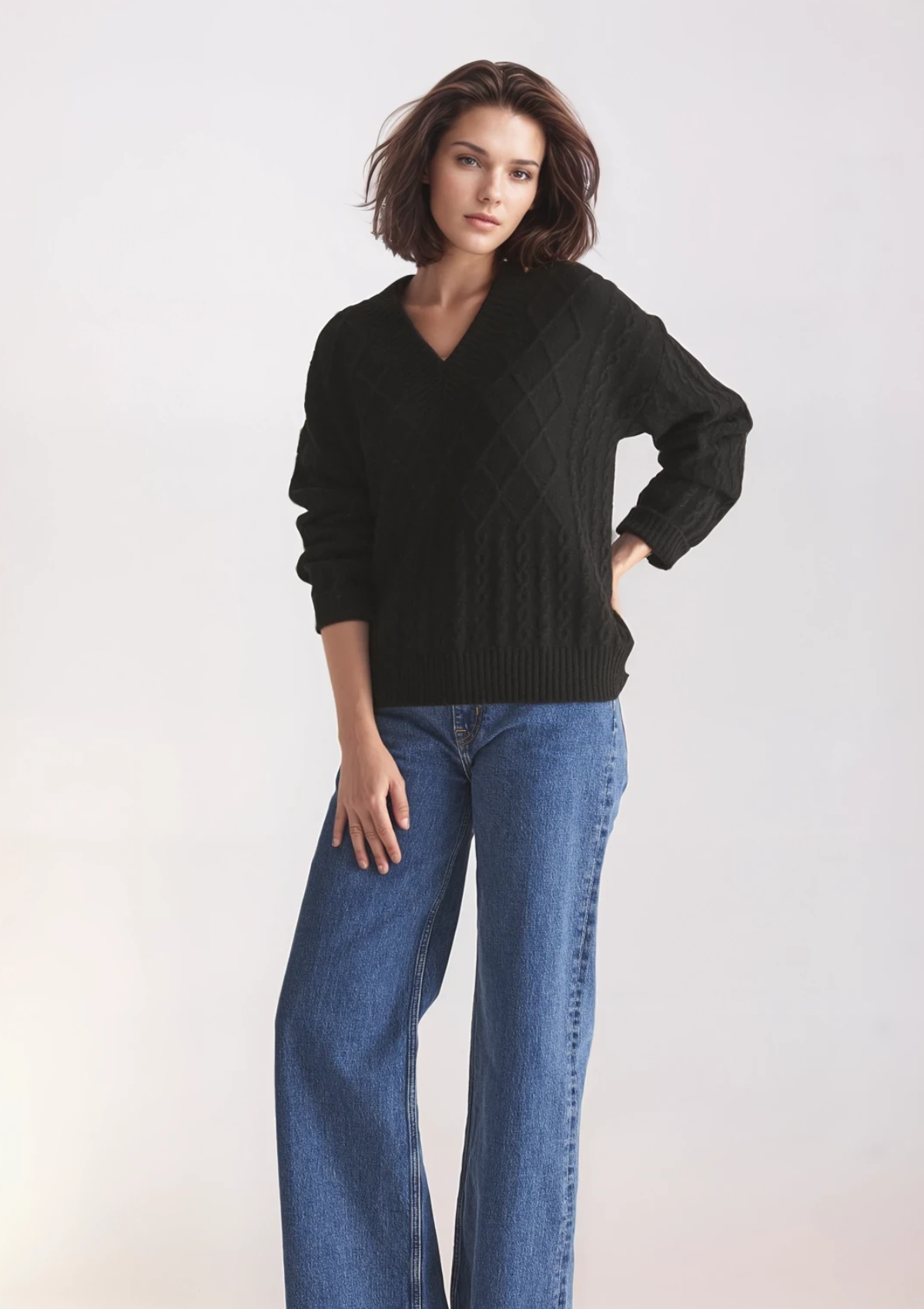 Ribbed Trim Cable Cashmere V Neck Sweater in Black