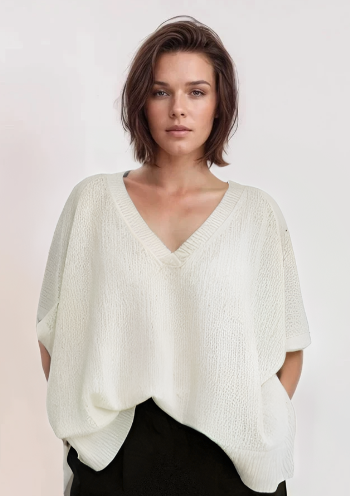 Cashmere Open Stitch Poncho Top in Chalk