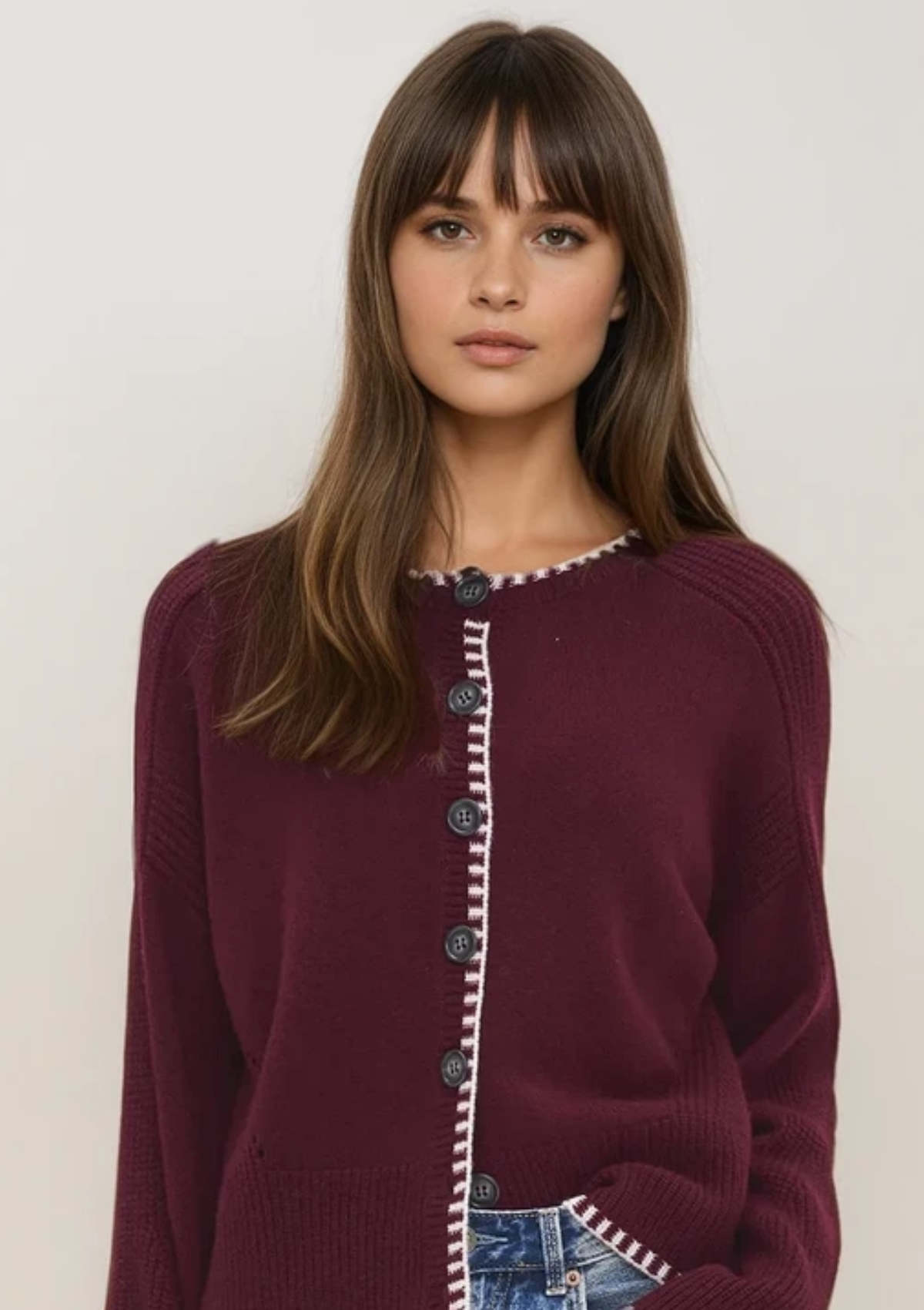 Cashmere Blanket Stitch Cardigan in Barolo Red