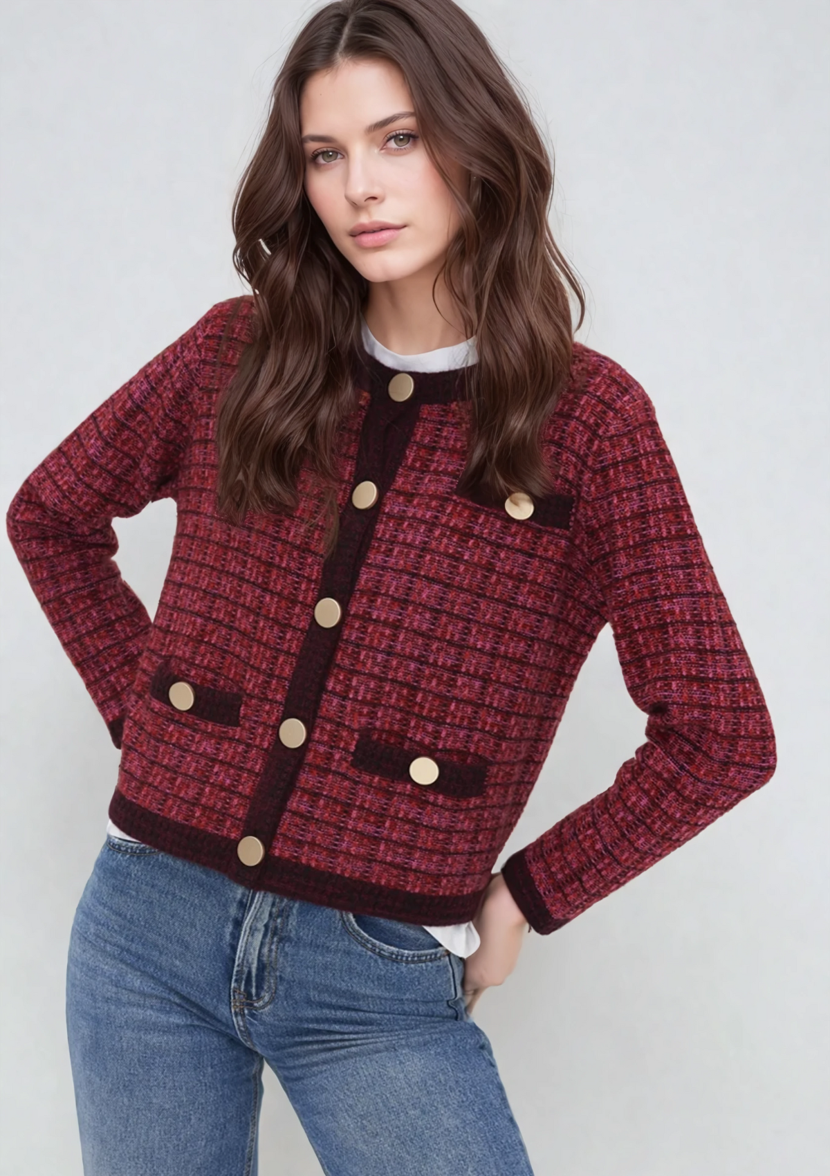 Textured Cashmere Crew Jacket in Pink Check