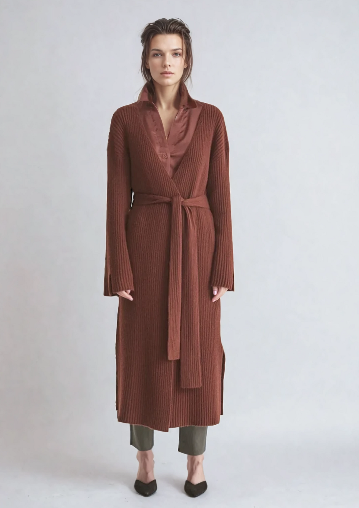 Longline Cashmere Belted Cardigan in Java Brown