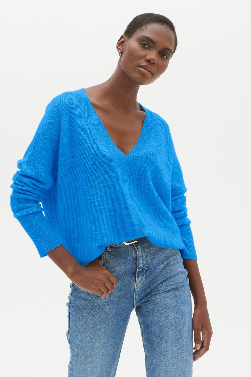 Relaxed V Neck Sweater in Jetstream Blue