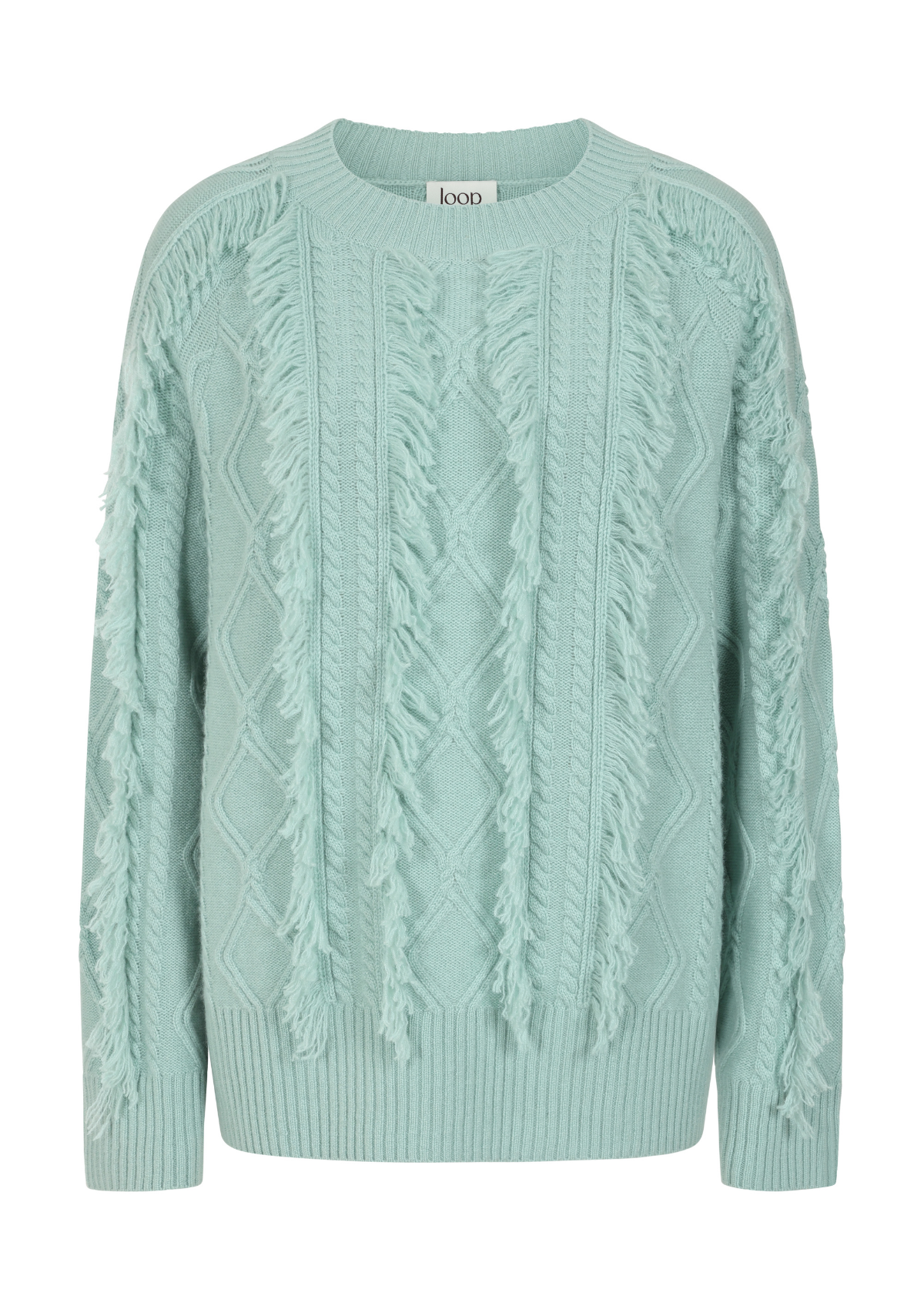 Fringed Cabled Sweater in Seafoam Green