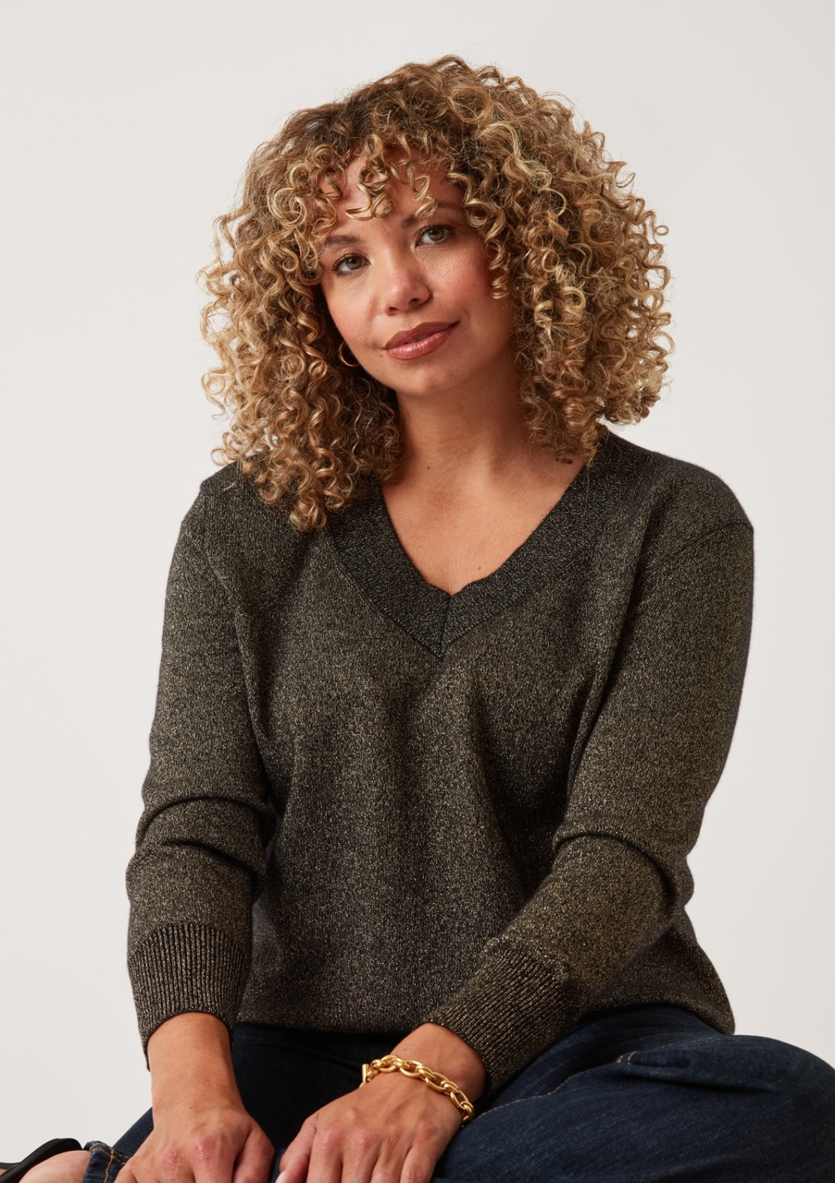 V-Neck Sweater in Black & Gold Lurex Twist