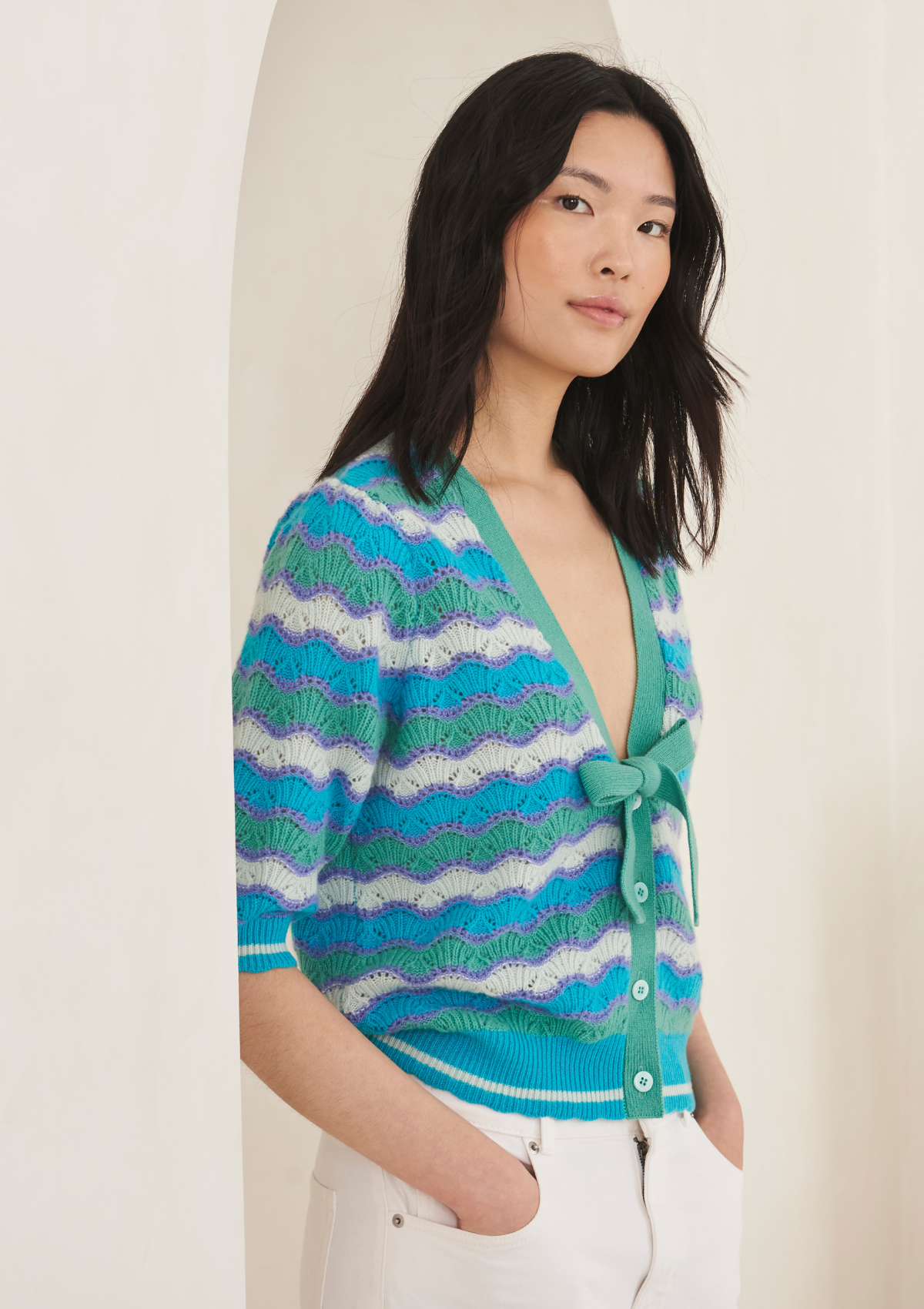 Cashmere Wave Stitch Cardigan in Ocean Blue Stripe