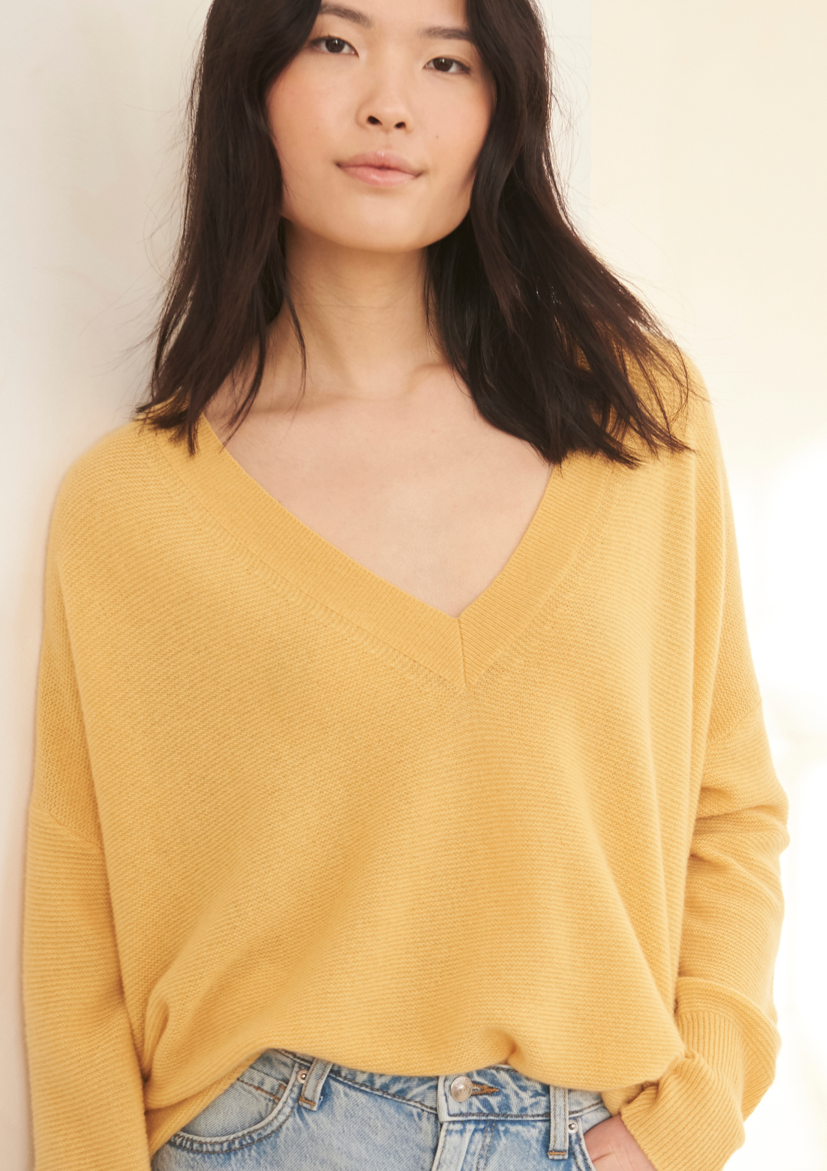 Relaxed Lofty V Neck Sweater in Acacia Yellow