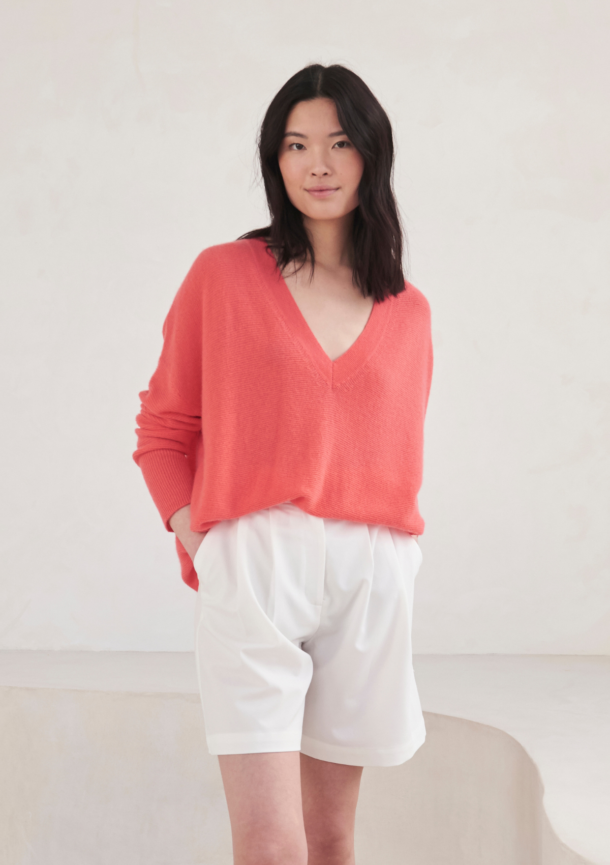 Relaxed Lofty V Neck Sweater in Coral