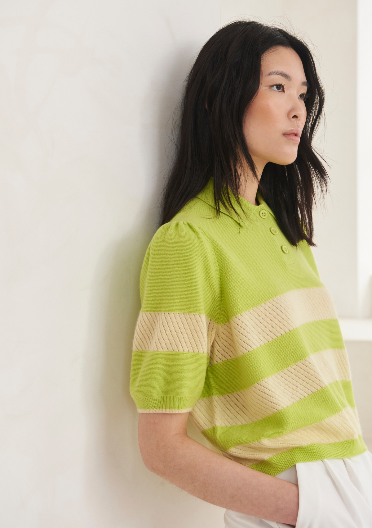 Cashmere Striped Polo Collared Top in Citrus Green