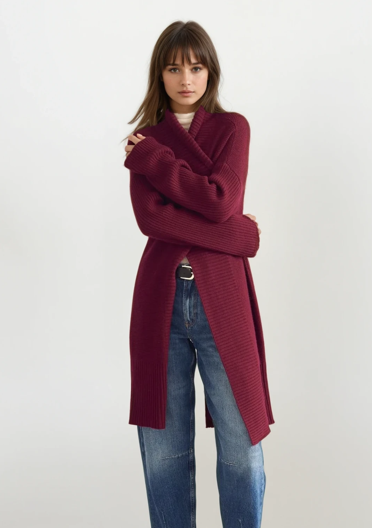 Cashmere Edge To Edge Cardigan in Barolo Red